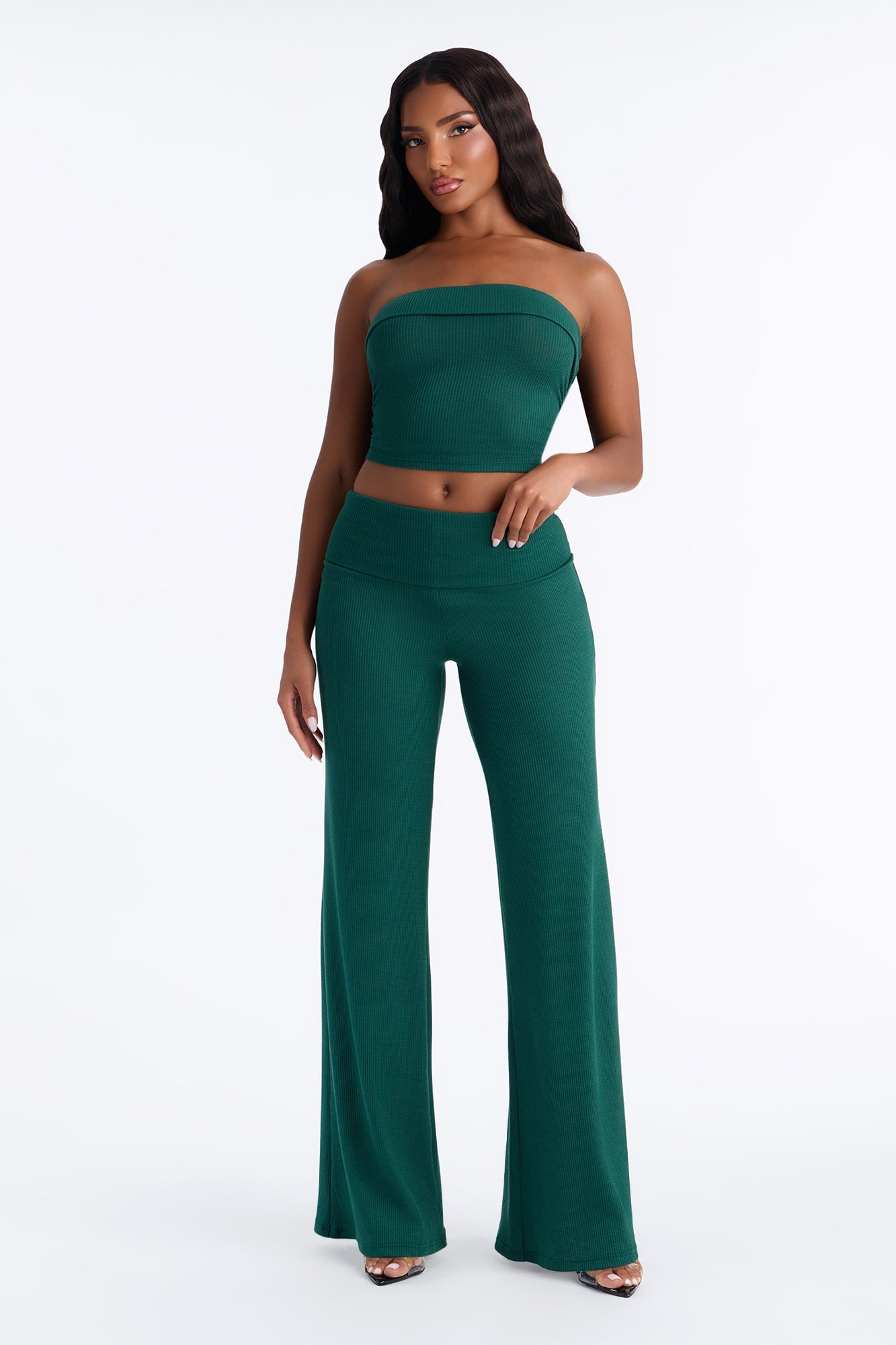 Megan Waffle Knit Foldover Waist Pant Set - Hunter Green image 5