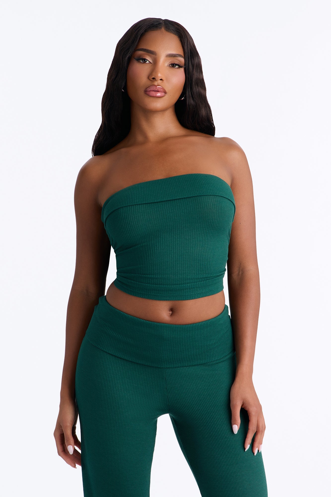 Megan Waffle Knit Foldover Waist Pant Set - Hunter Green image 6