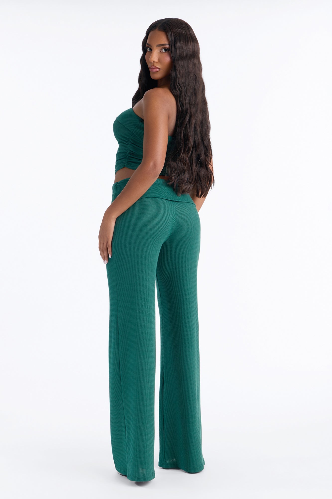 Megan Waffle Knit Foldover Waist Pant Set - Hunter Green image 8
