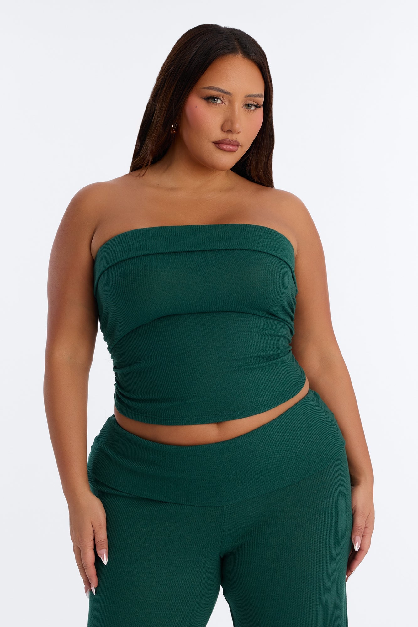 Megan Waffle Knit Foldover Waist Pant Set - Hunter Green image 2