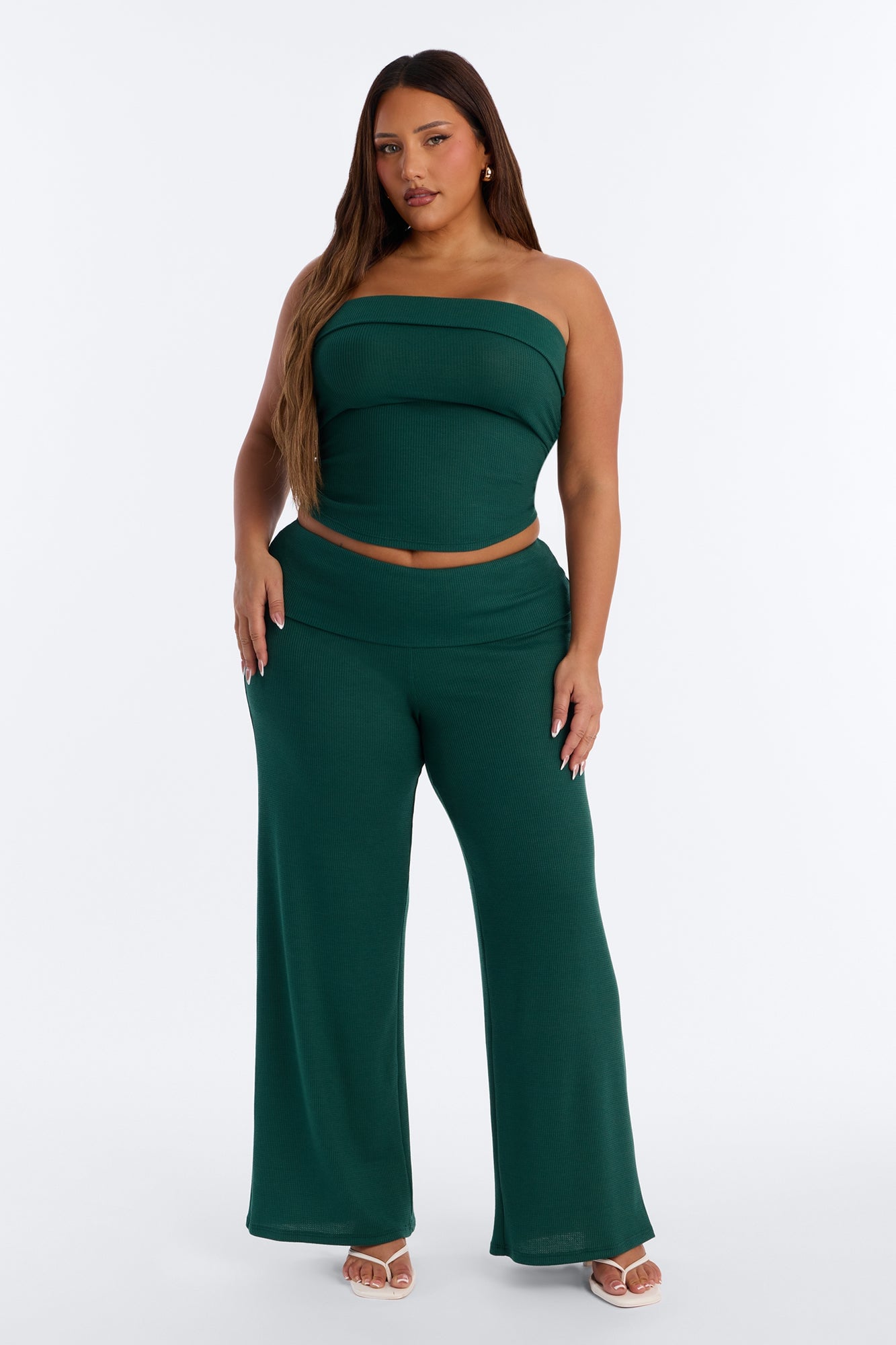 Megan Waffle Knit Foldover Waist Pant Set - Hunter Green image 1
