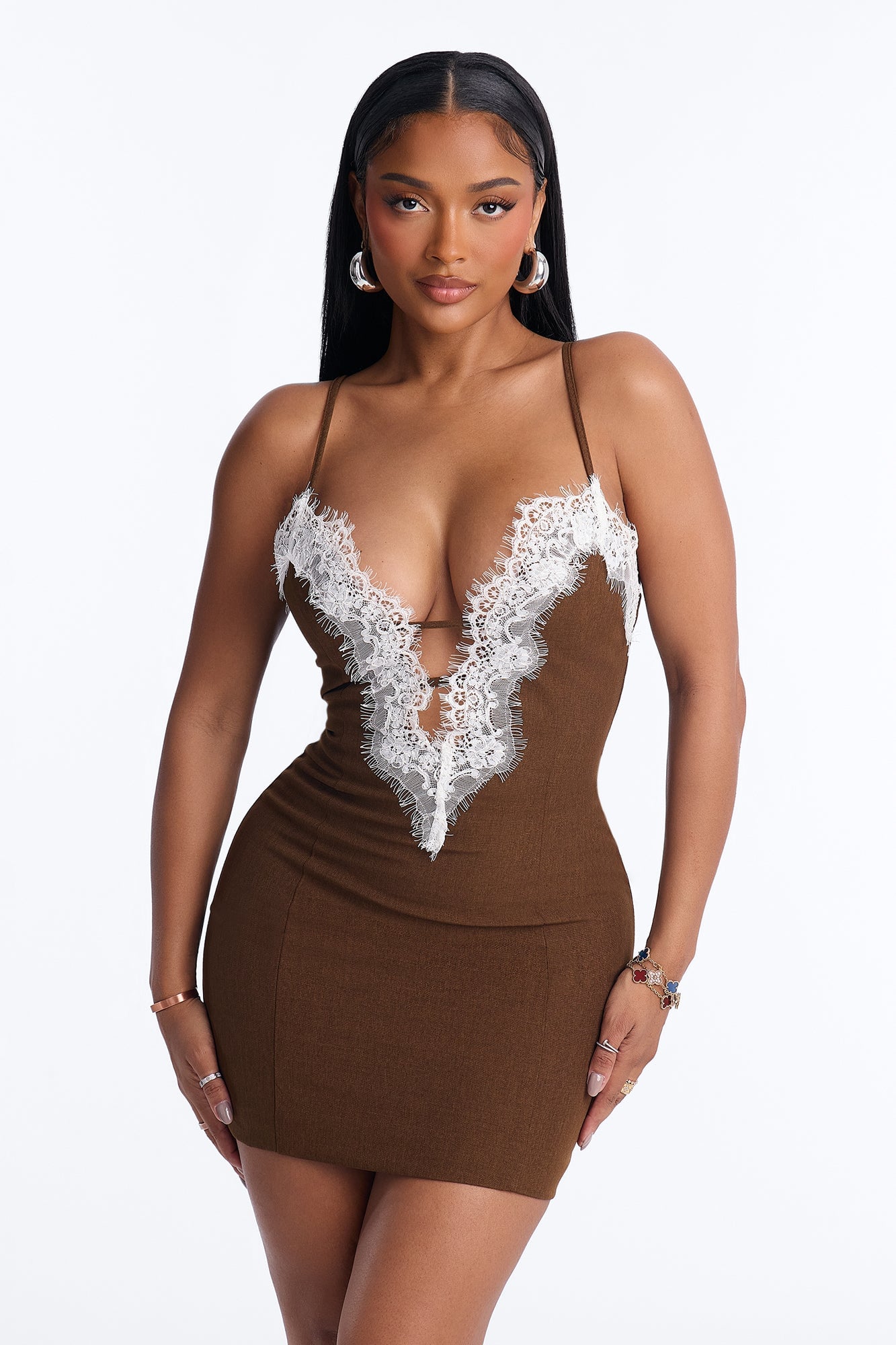 Estelle Lace Trim Mini Dress - Chocolate/Combo image 4