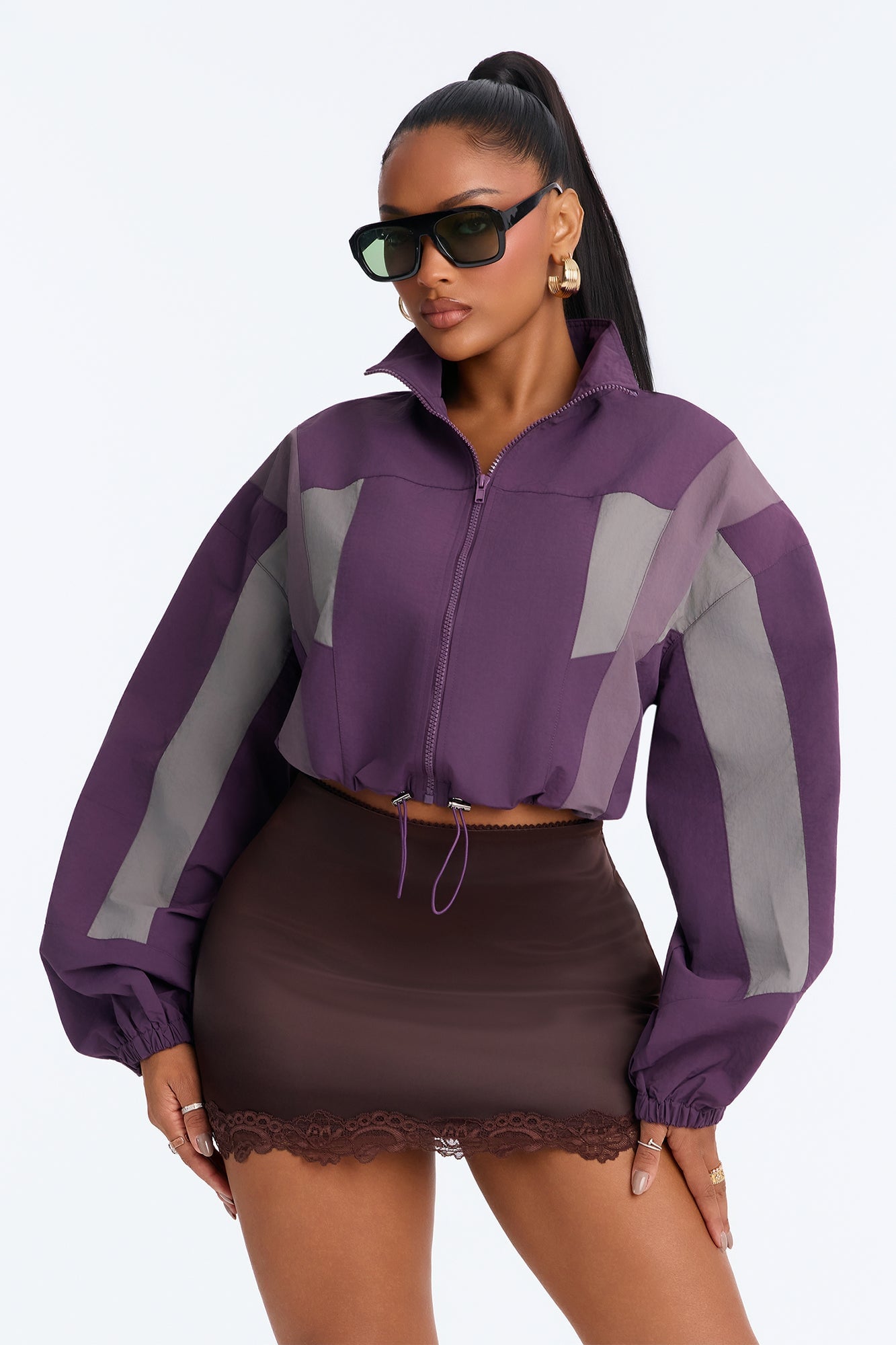 Feeling Fresh Nylon Blend Mock Neck Colorblock Windbreaker - Purple/combo image 5