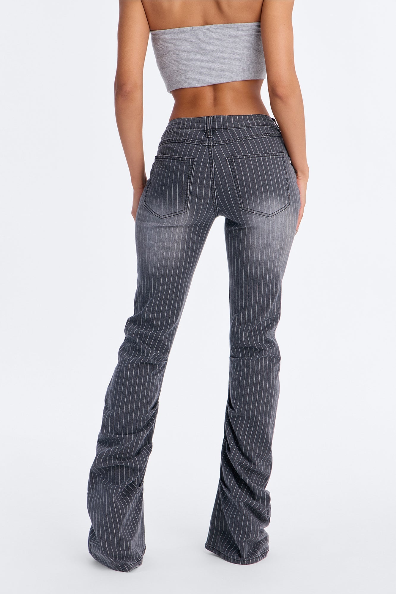 Speakeasy Striped Stacked Low Rise Flare Jeans - Grey image 8