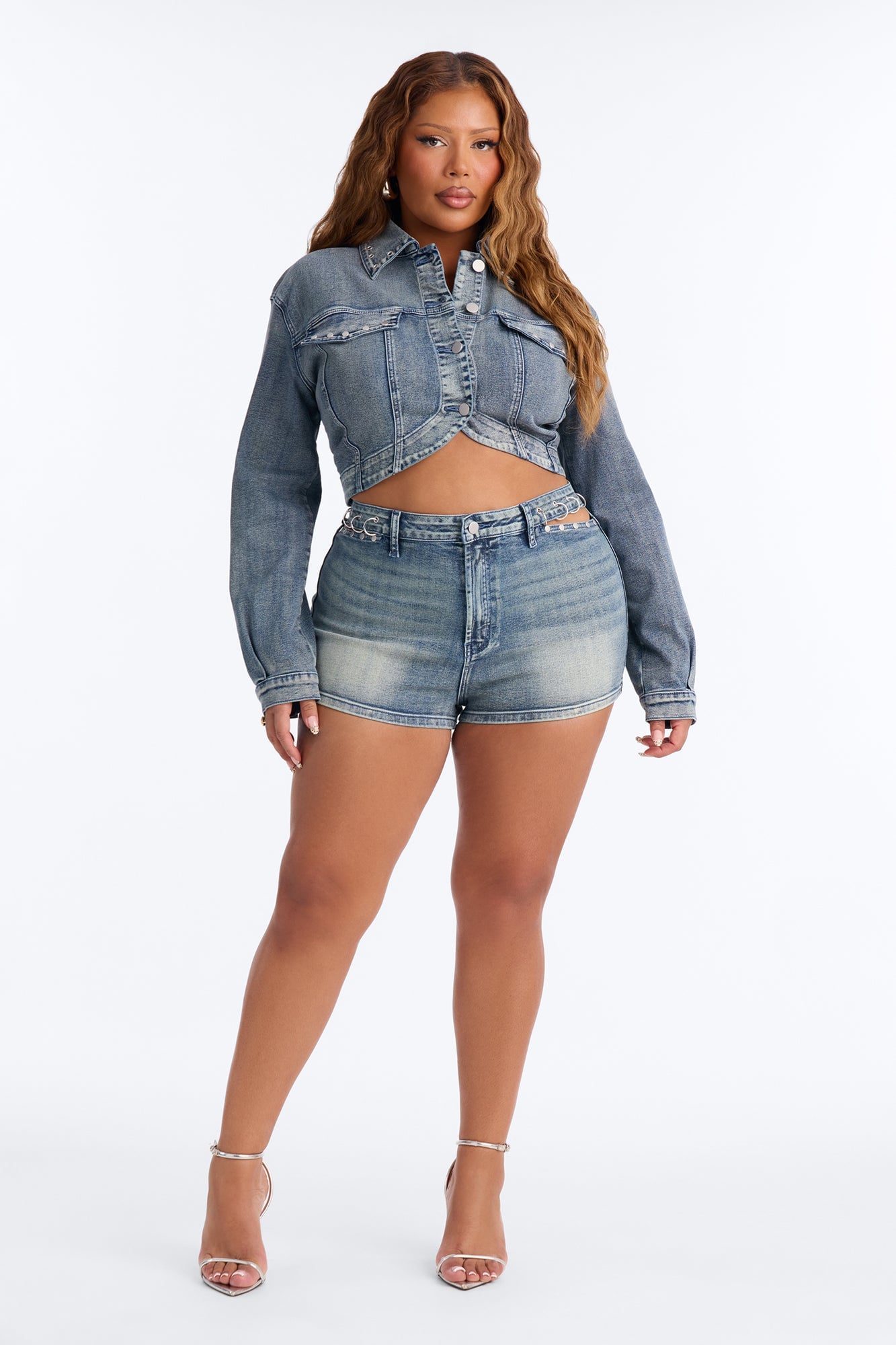 Pierce Of Mind Stud Embellished Denim Bolero Jacket - Vintage Wash image 2