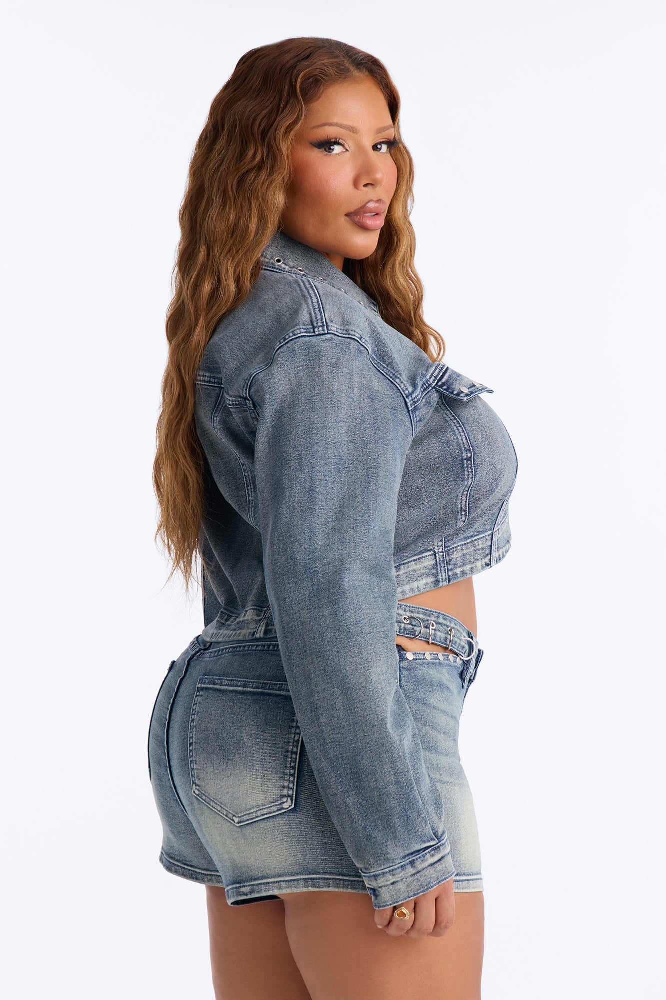 Pierce Of Mind Stud Embellished Denim Bolero Jacket - Vintage Wash image 5