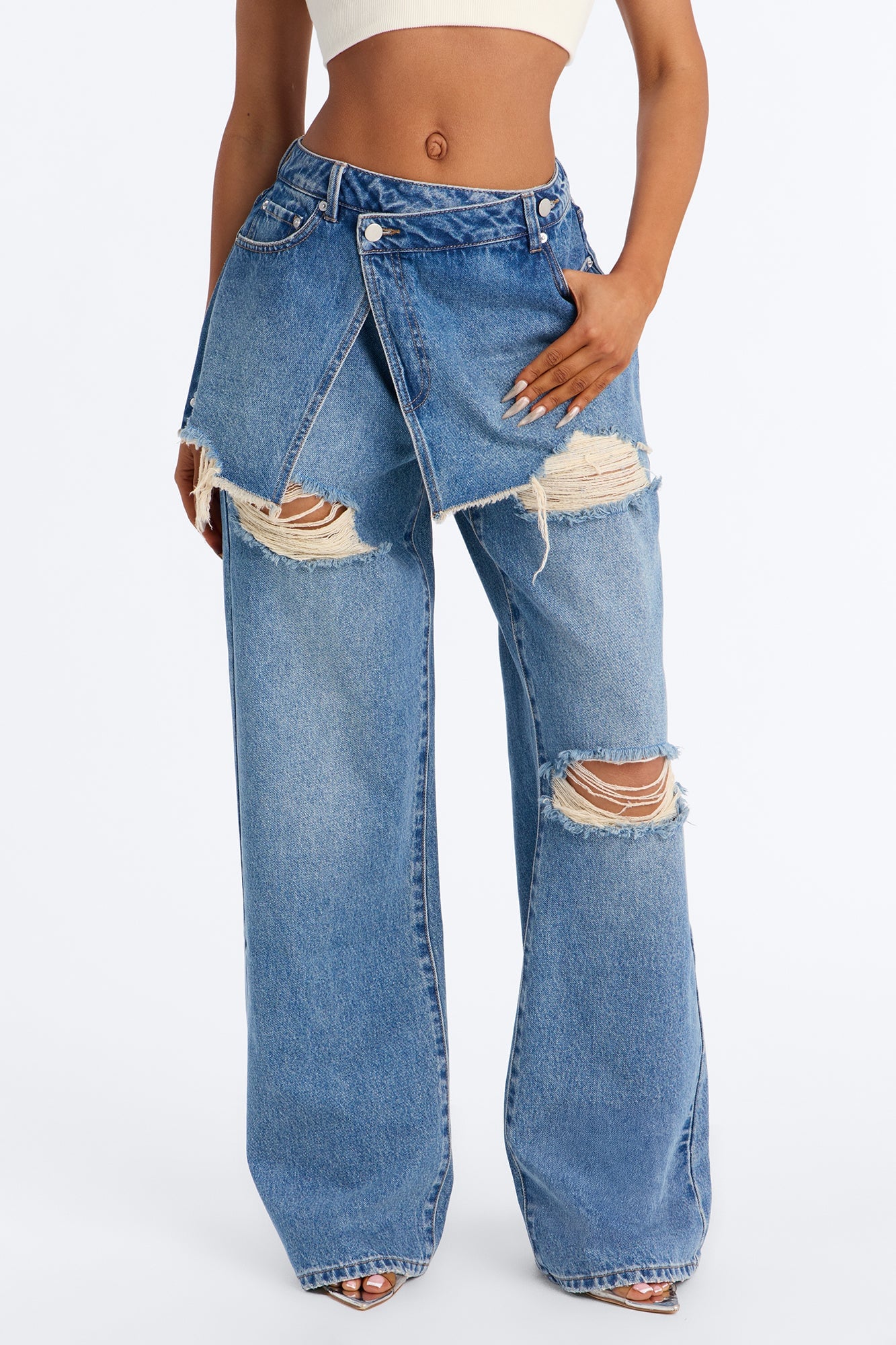 Mirage Studded Embellished Ripped Crossover Skirt Jeans - Vintage Wash image 1
