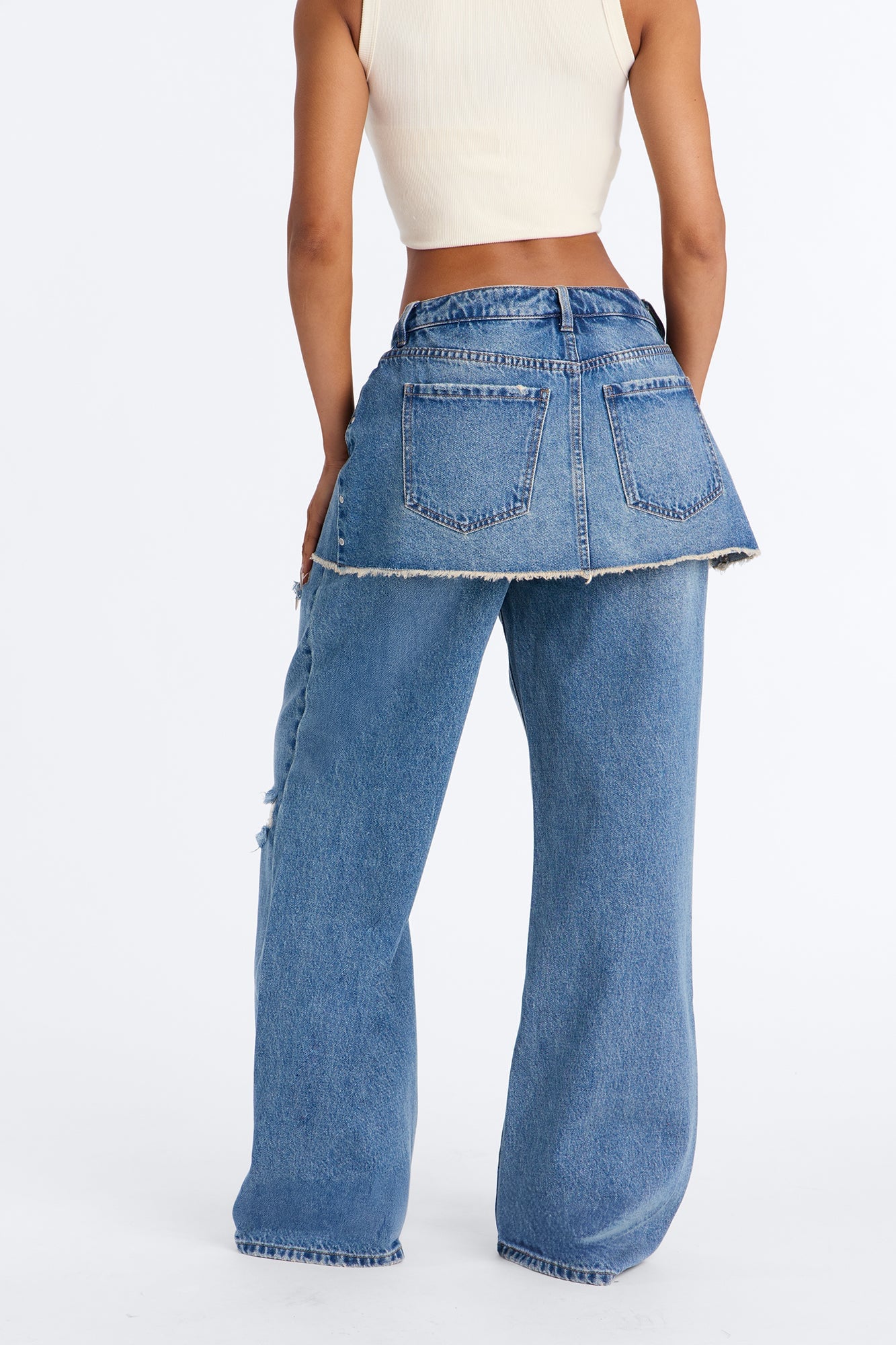 Mirage Studded Embellished Ripped Crossover Skirt Jeans - Vintage Wash image 4