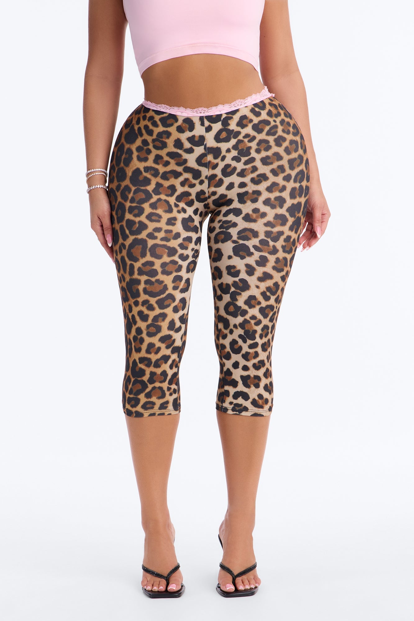 Lola Low Rise Lace Trim Printed Capri Leggings - Leopard image 6