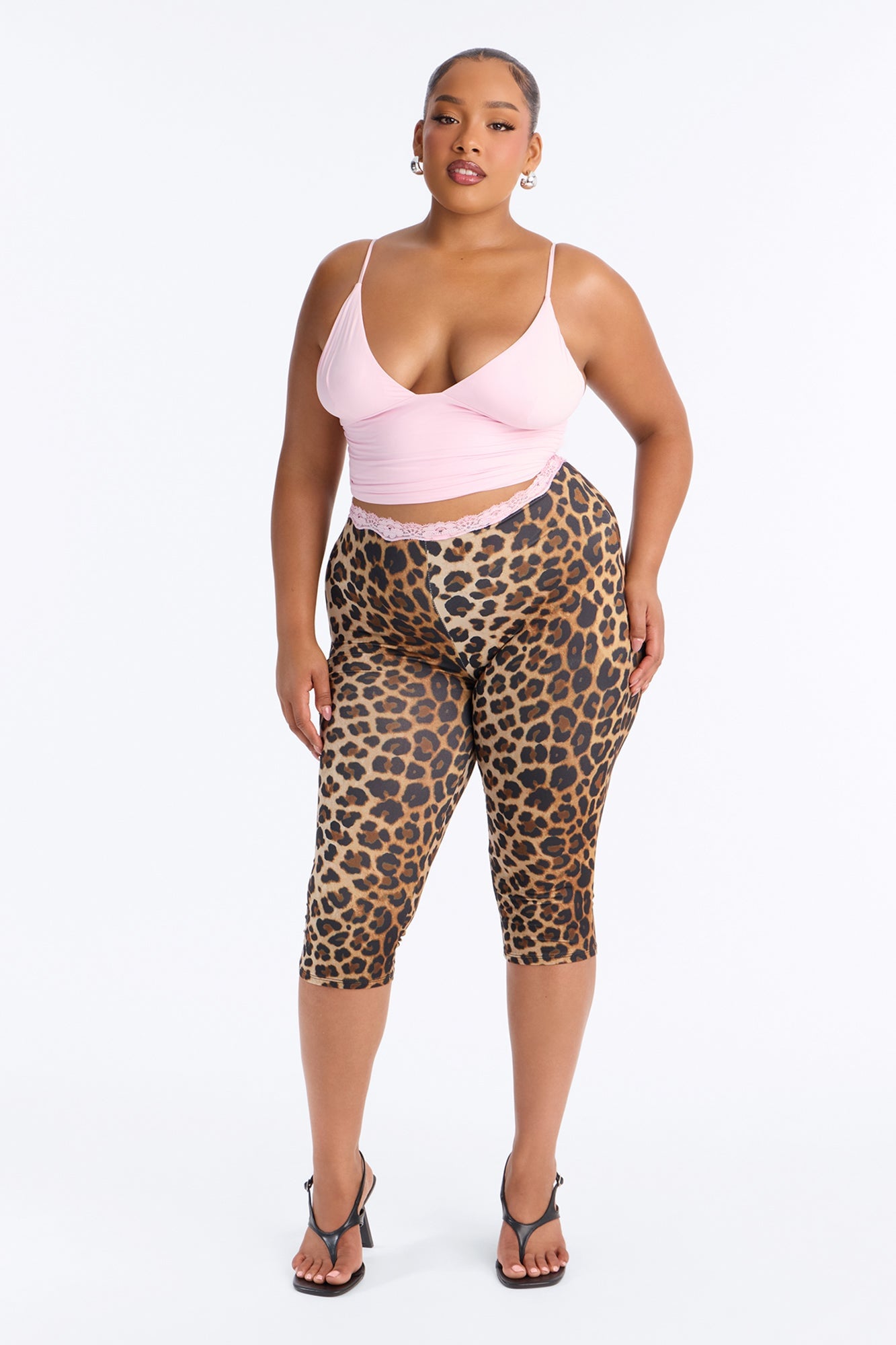 Lola Low Rise Lace Trim Printed Capri Leggings - Leopard image 1