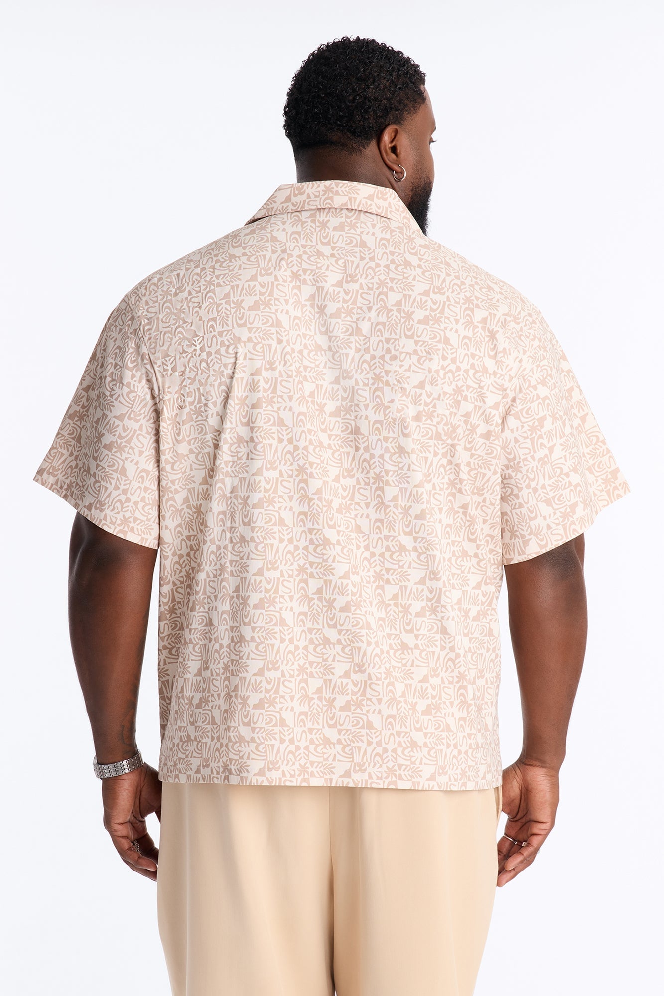 Relaxed Capri Checkered Cuban Collar Button Up Shirt - Taupe image 3