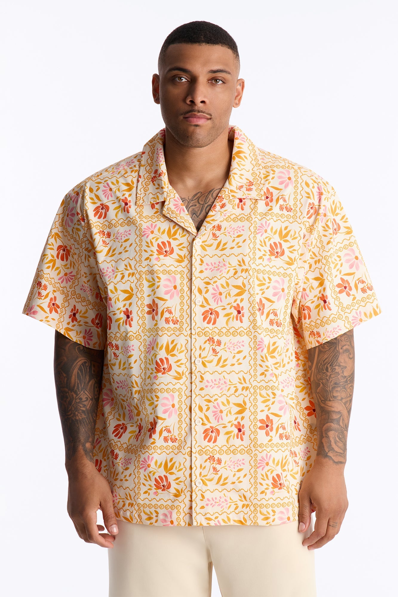 Relaxed Gardenia Cuban Collar Button Up Shirt - Orange/combo image 1