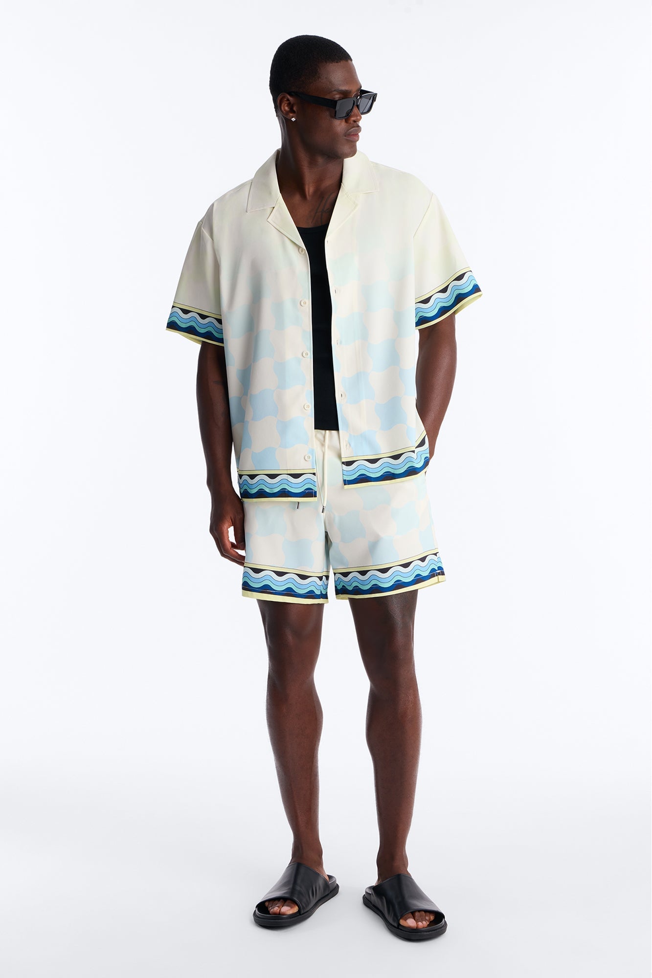 Relaxed Medina Geometric Tide Cuban Collar Button Up Shirt - Blue/combo image 5