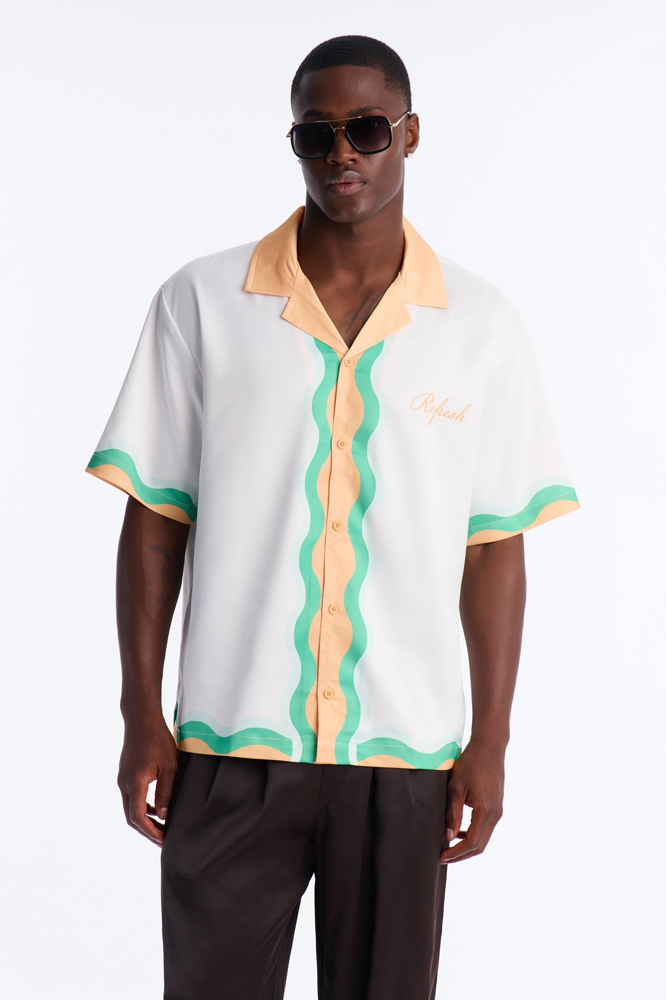 Relaxed Palm Oasis Cuban Collar Satin Button Up Shirt - Orange/combo image 5