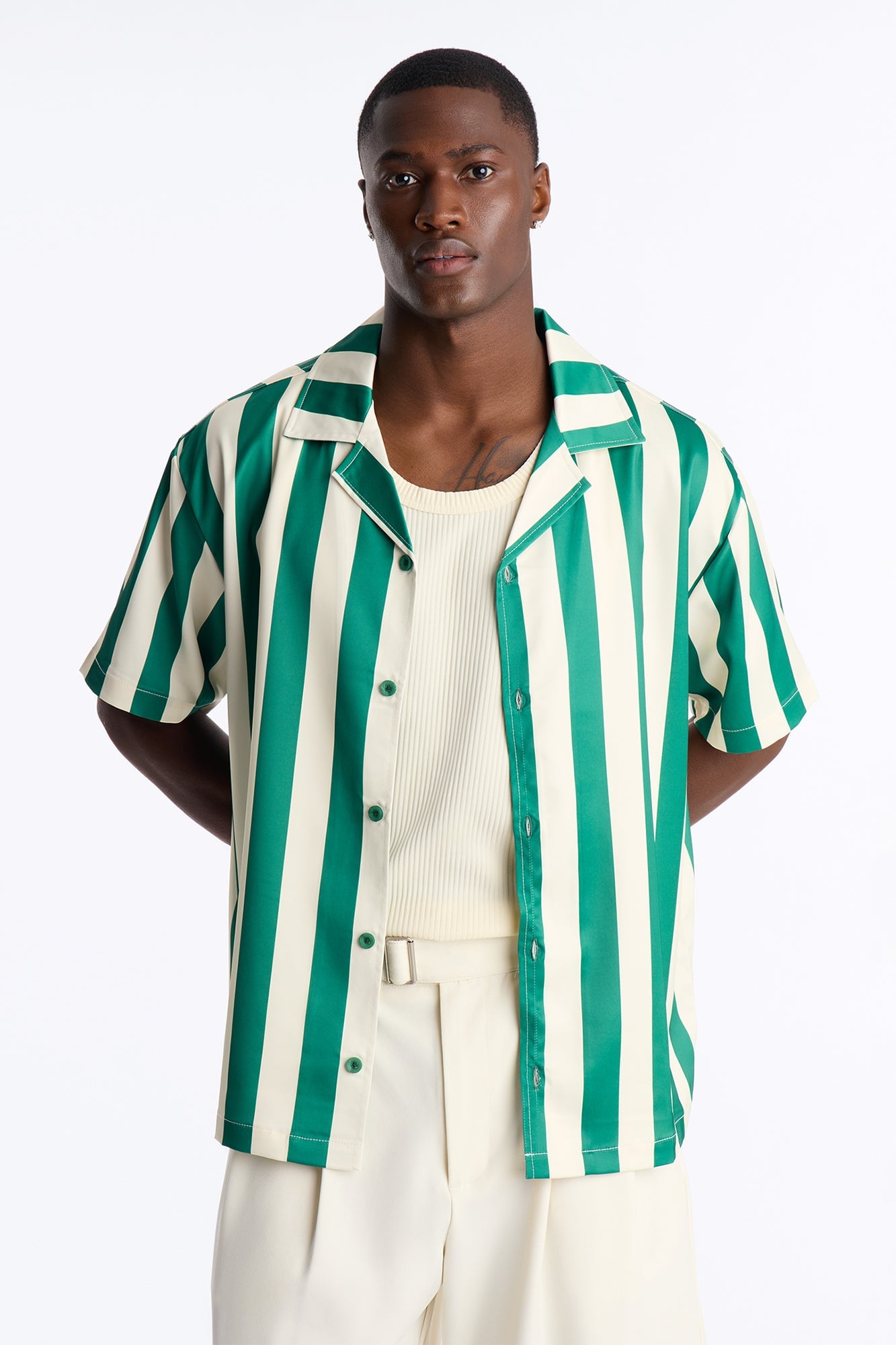 Relaxed Palm Resort Striped Cuban Collar Satin Button Up Shirt - Green/combo image 5