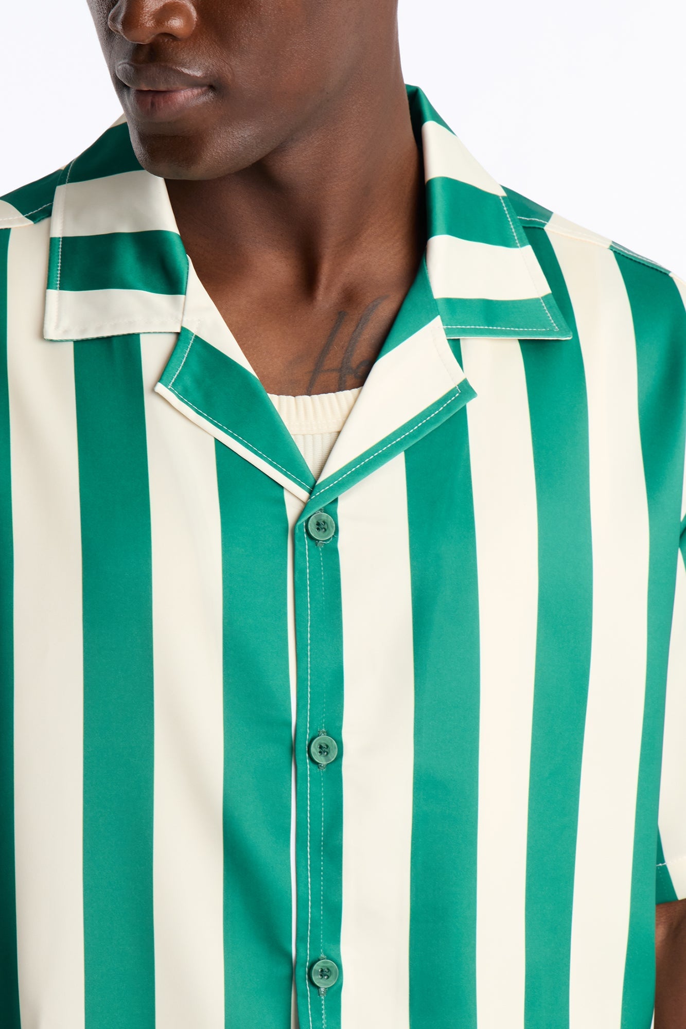 Relaxed Palm Resort Striped Cuban Collar Satin Button Up Shirt - Green/combo image 8