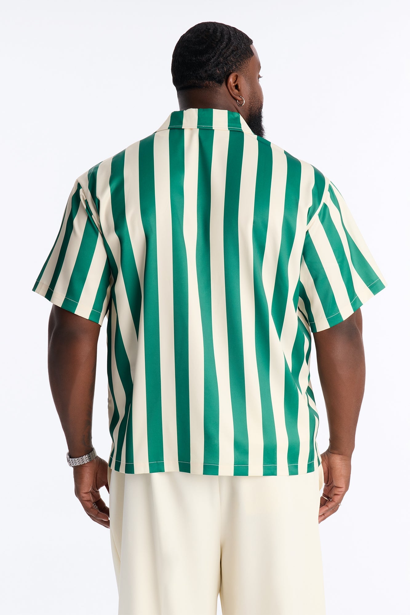 Relaxed Palm Resort Striped Cuban Collar Satin Button Up Shirt - Green/combo image 3