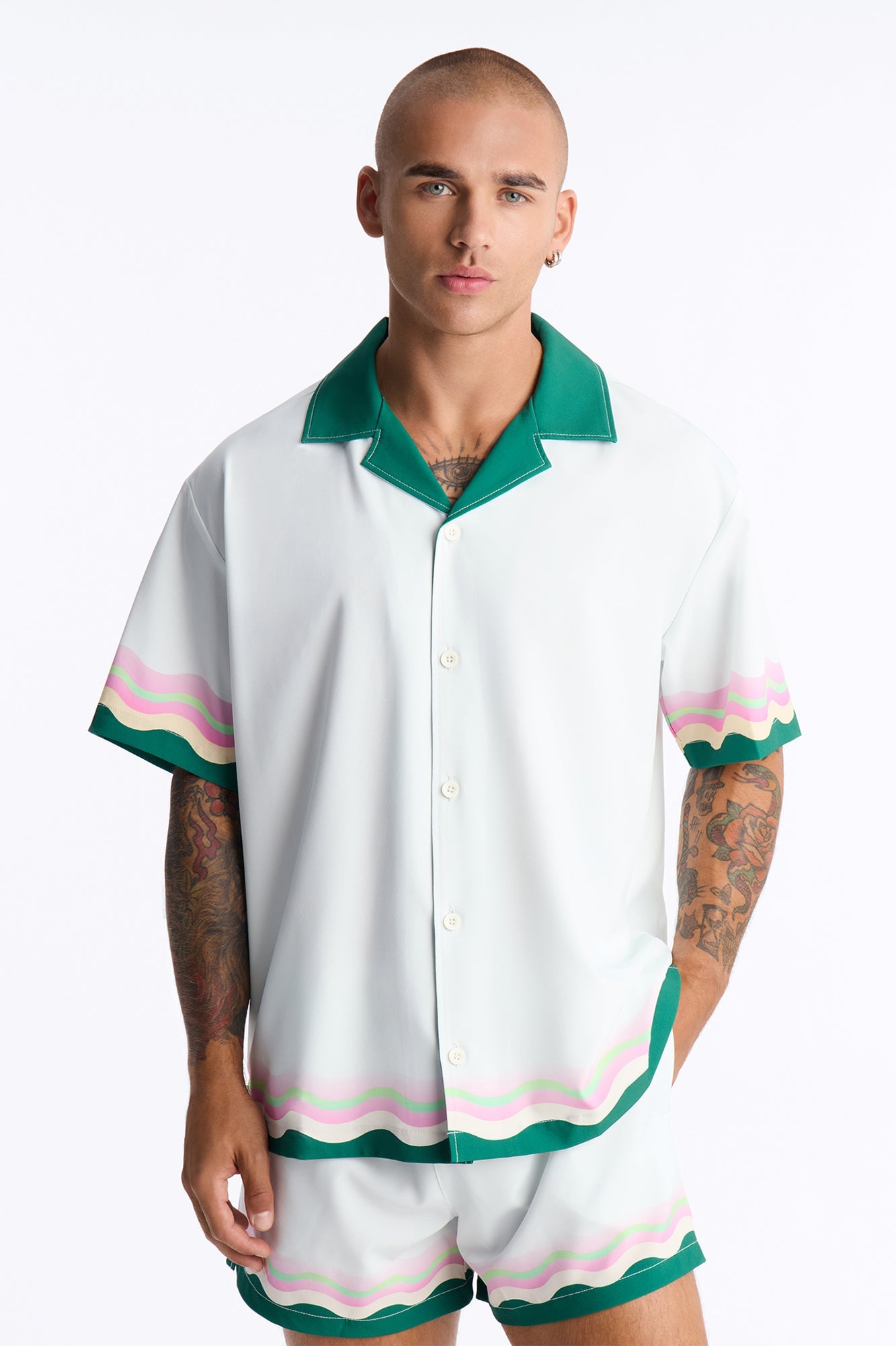 Relaxed Maison Riviera Border Print Cuban Collar Button Up Shirt - Green/combo image 5