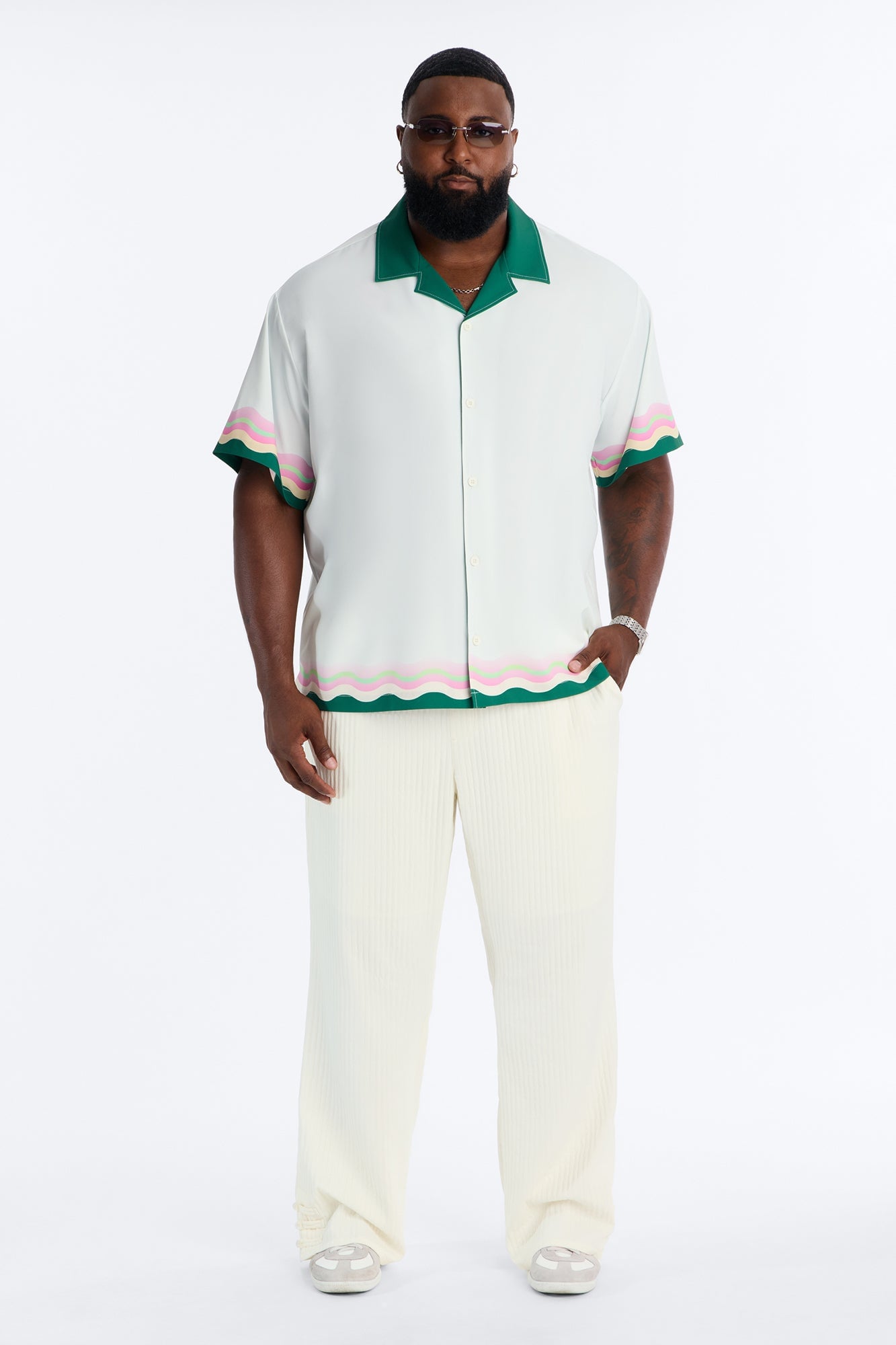 Relaxed Maison Riviera Border Print Cuban Collar Button Up Shirt - Green/combo image 2
