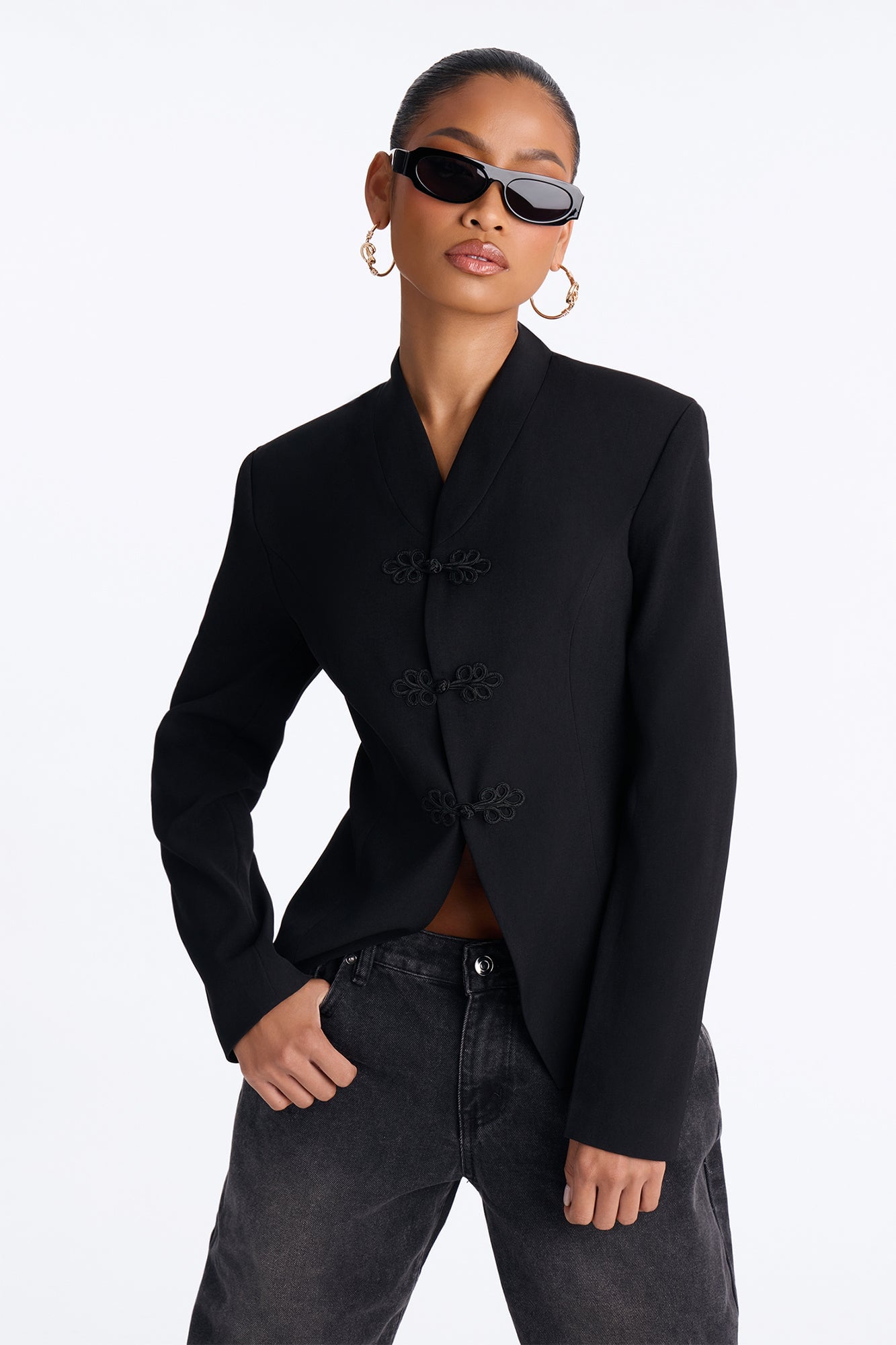 Marie Collarless Frog Closure Blazer - Black image 6