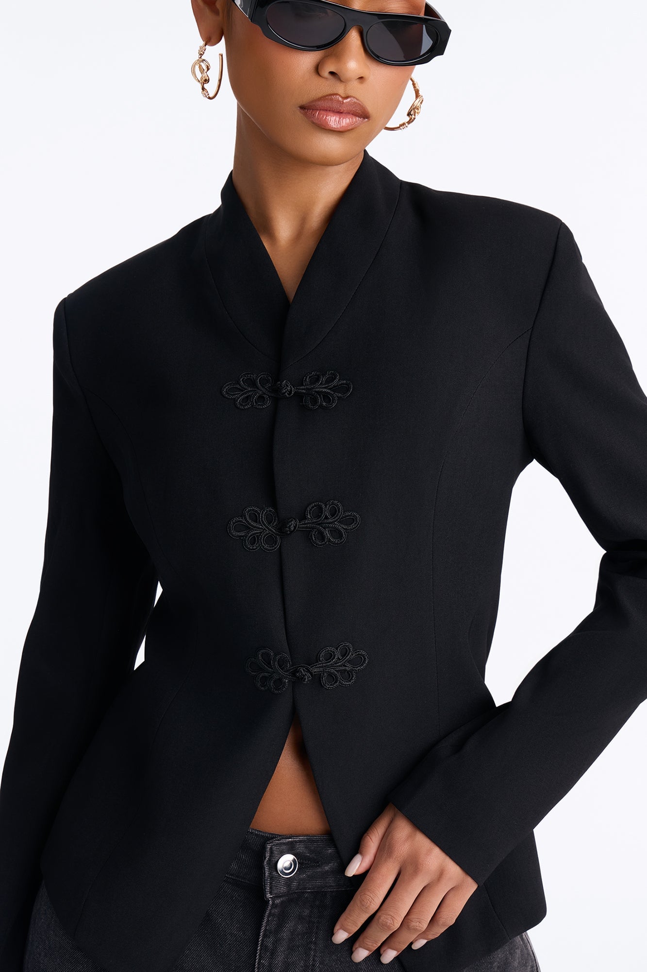Marie Collarless Frog Closure Blazer - Black image 5