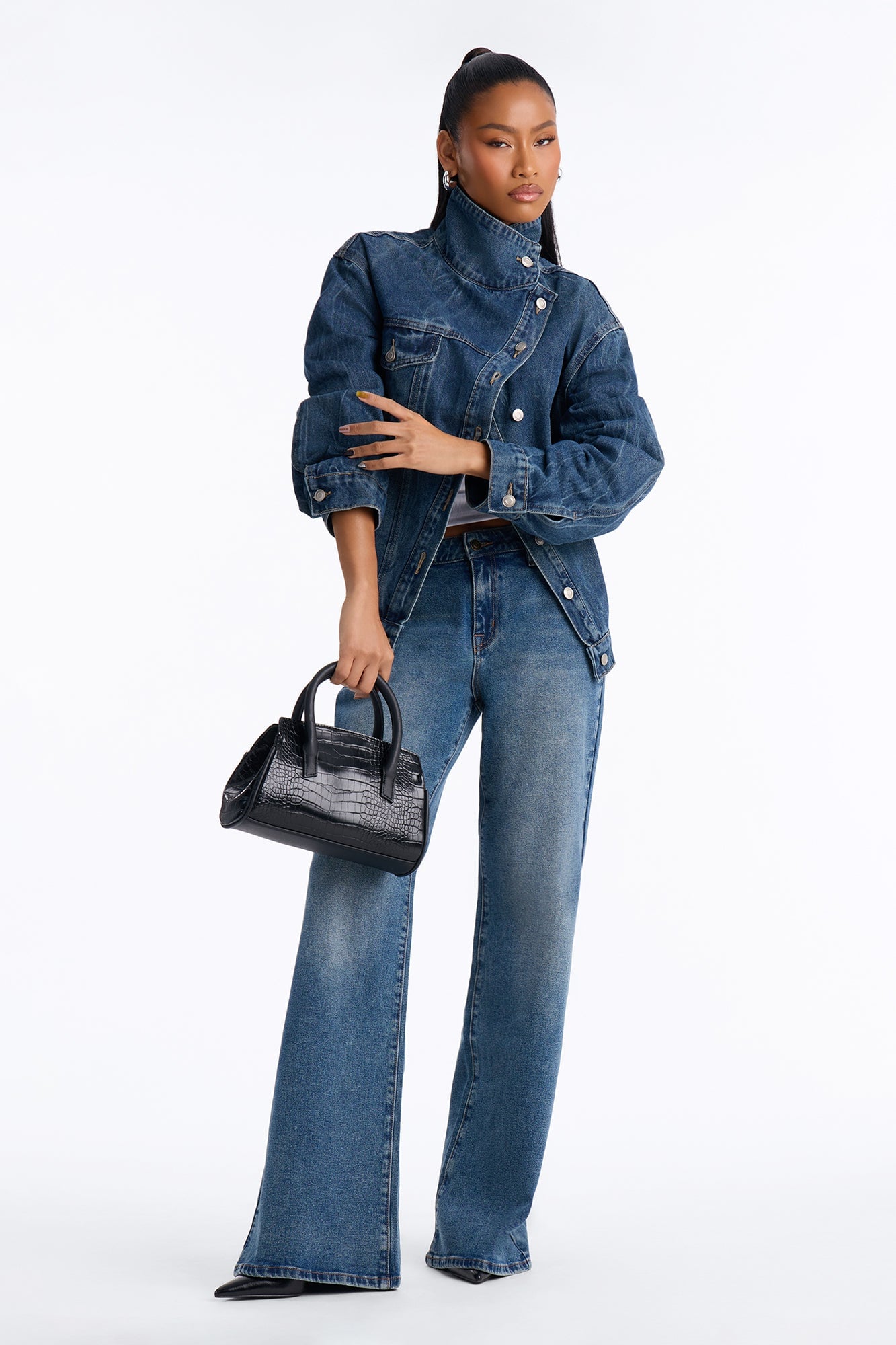 Elora Crossover Funnel Neck Denim Trucker Jacket - Dark Wash image 2