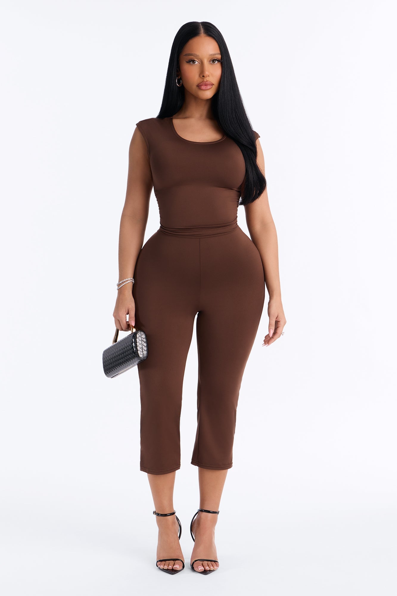 Kelly Open Back Capri Jumpsuit - Chocolate image 1