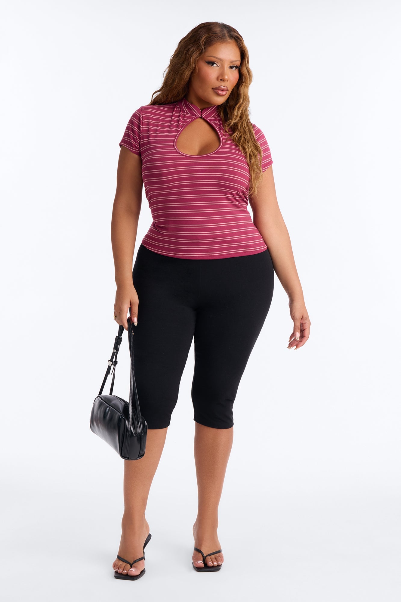 Lizzie Striped Mock Neck Short Sleeve Top - Burgundy/combo image 2