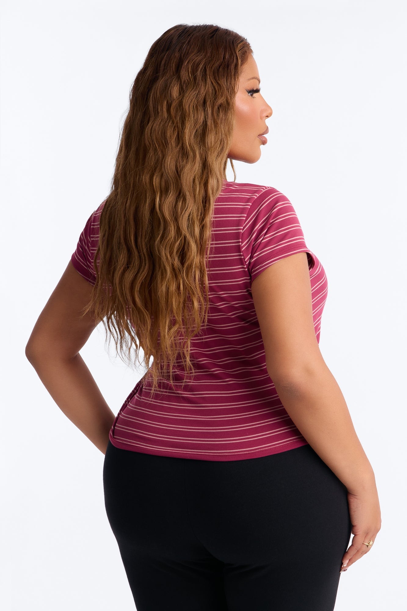 Lizzie Striped Mock Neck Short Sleeve Top - Burgundy/combo image 4