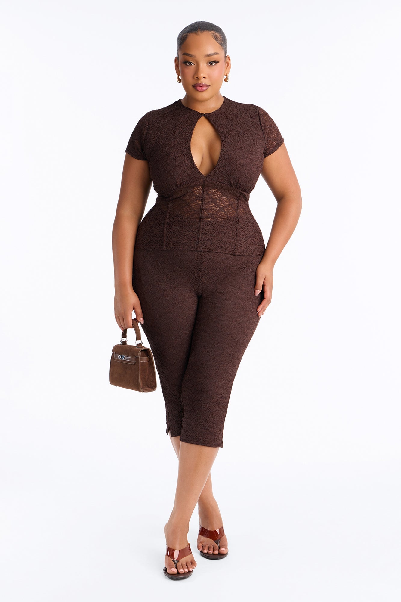 Juliana Lace Keyhole Capri Set - Brown image 1
