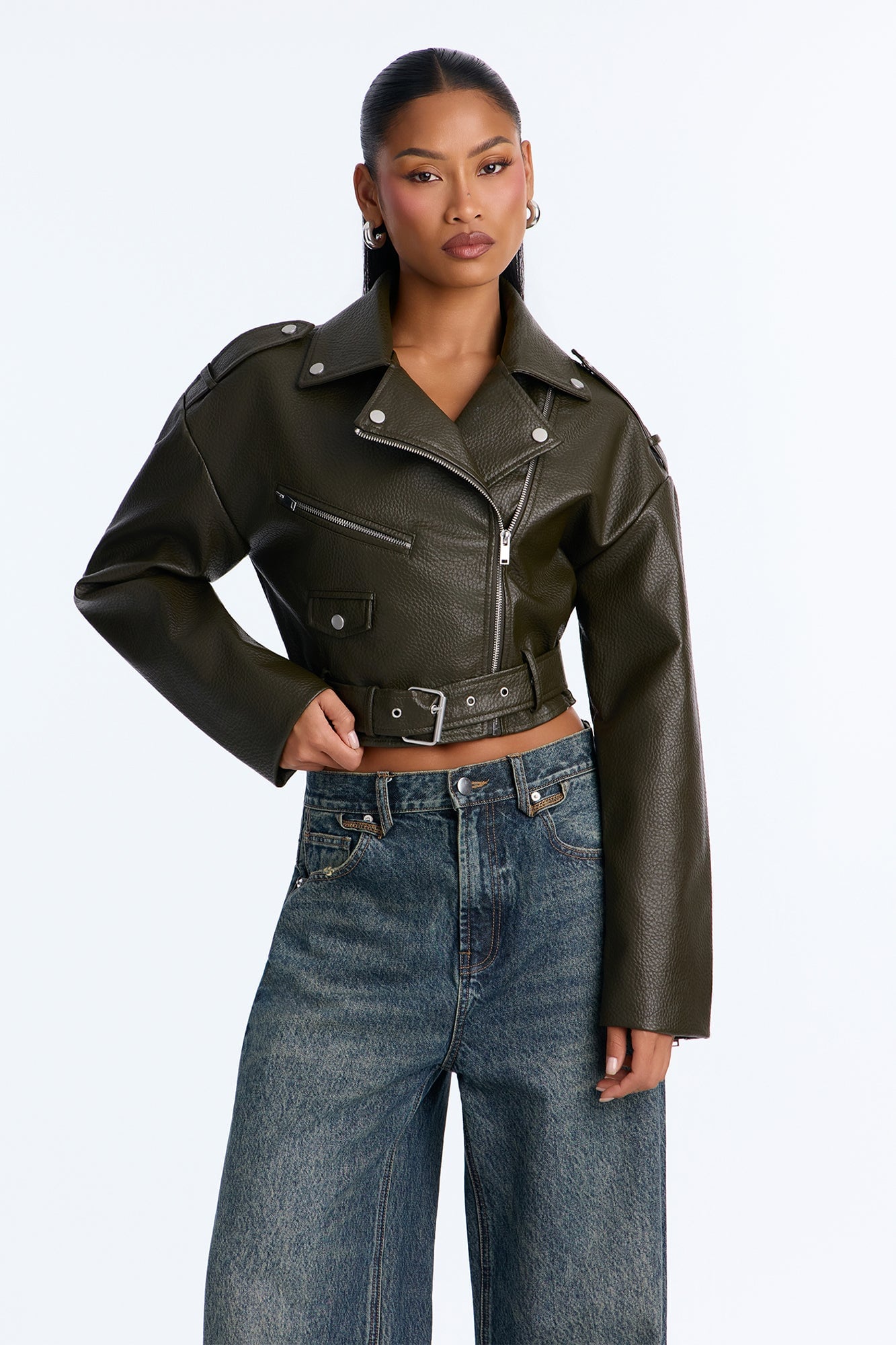 Roxie Faux Leather Jacket - Olive image 8