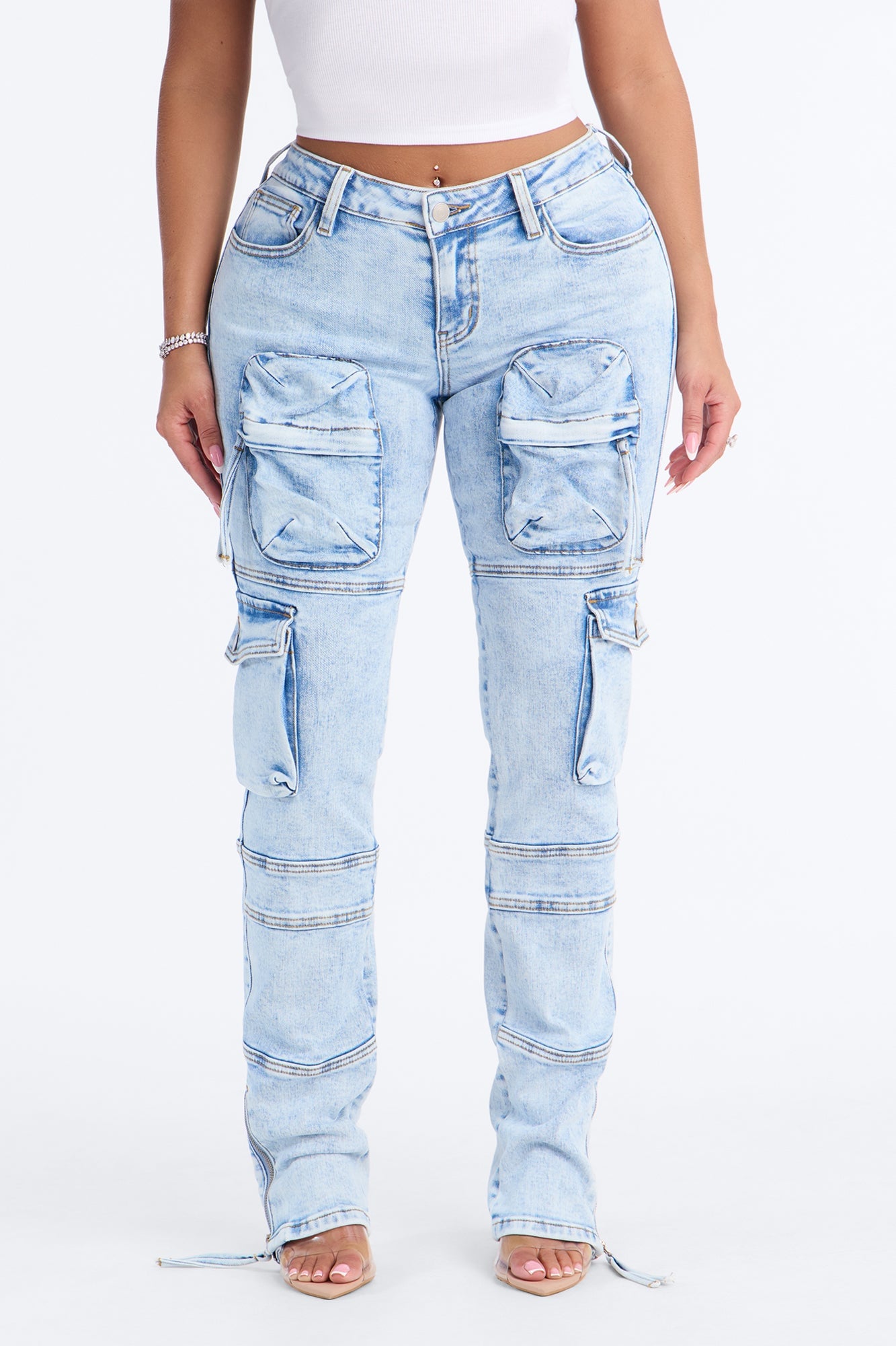 Street Smarts Stretch Slim Straight Cargo Jeans - Light Wash image 6