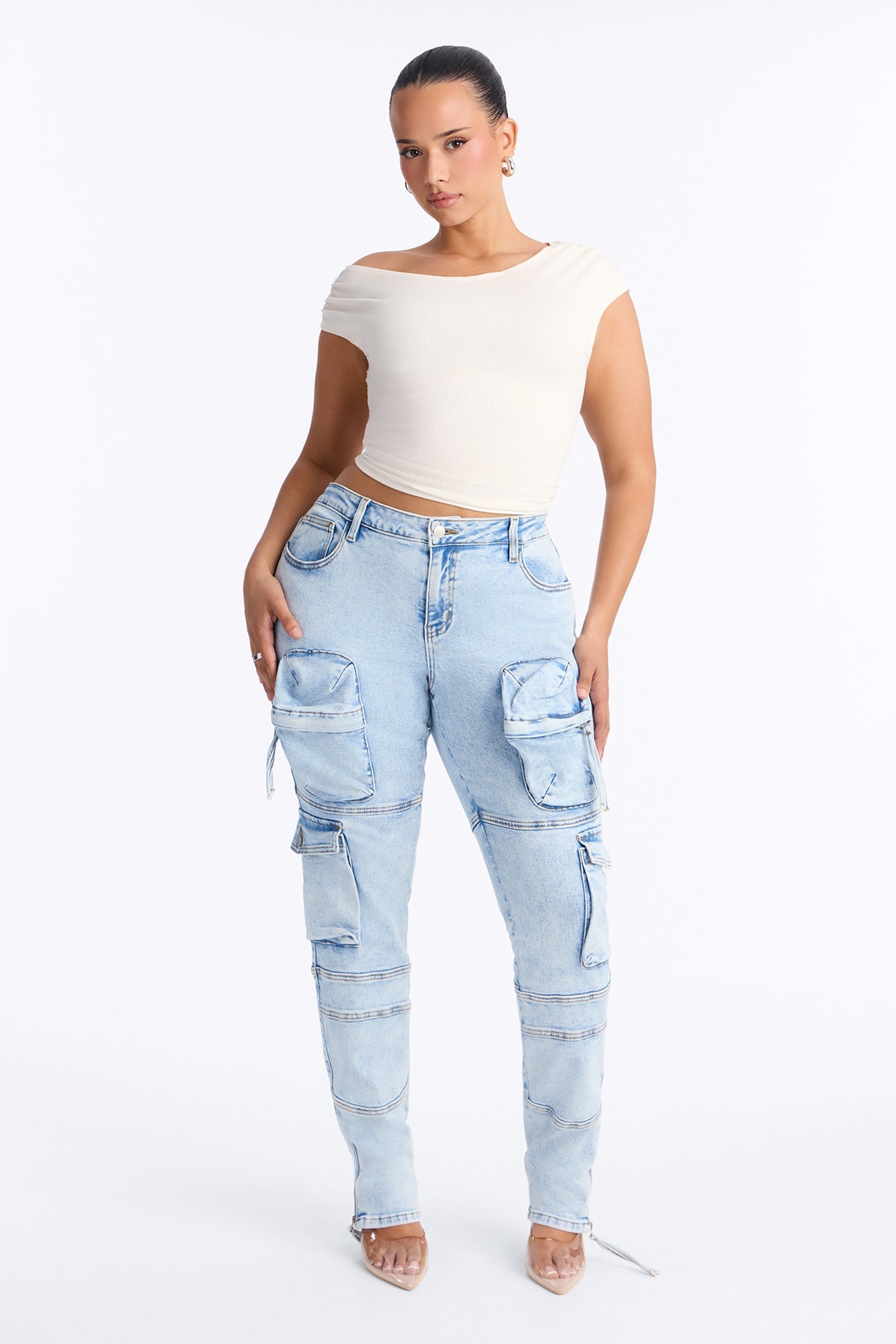 Street Smarts Stretch Slim Straight Cargo Jeans - Light Wash image 2