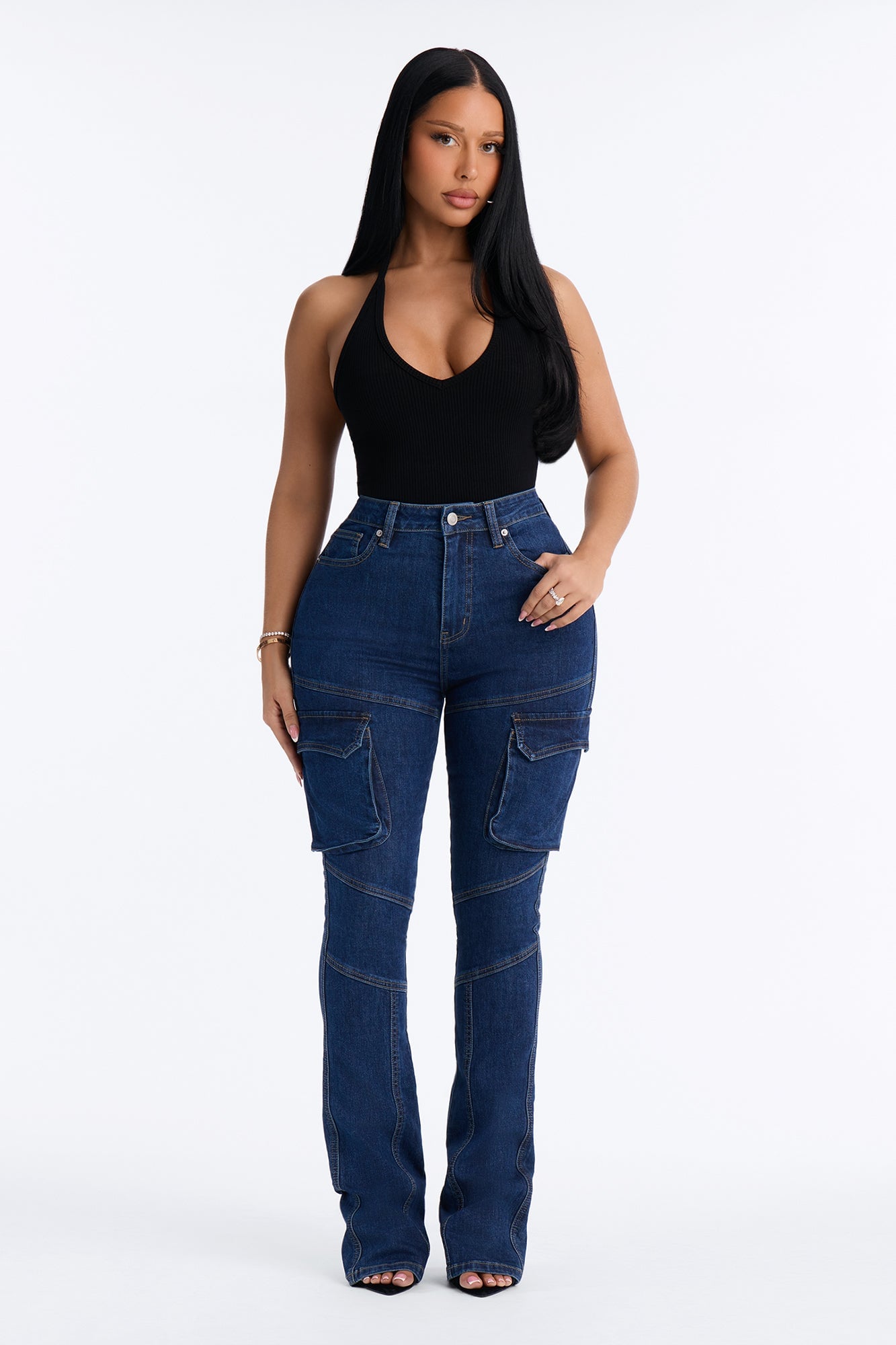 Night Run Cargo High Rise Bootcut Jeans - Dark Wash image 6
