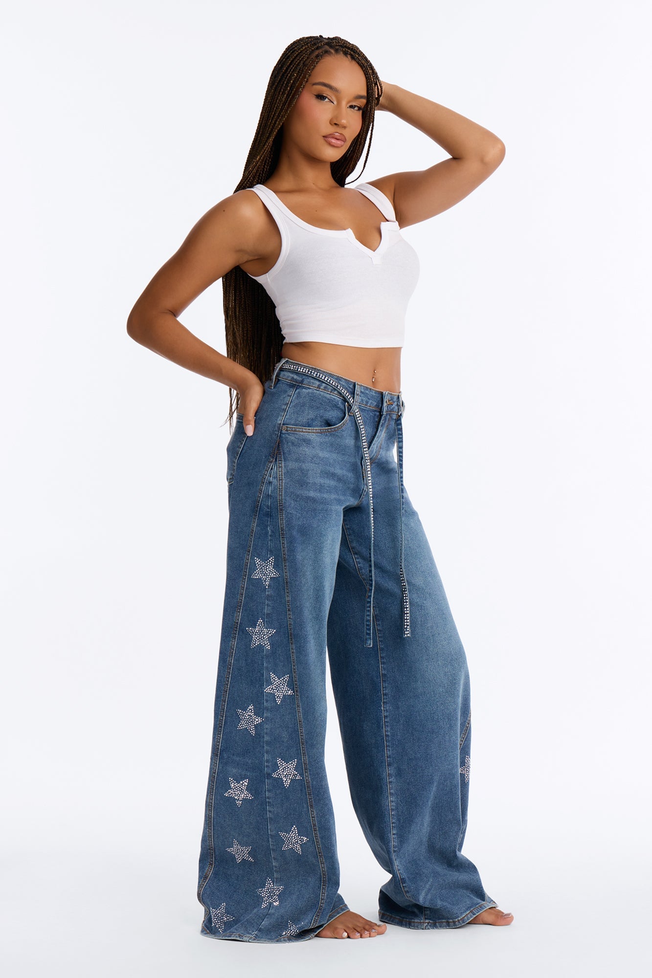 Seeing Stars Embellished Belted Wide Leg Jeans - Medium Wash image 2