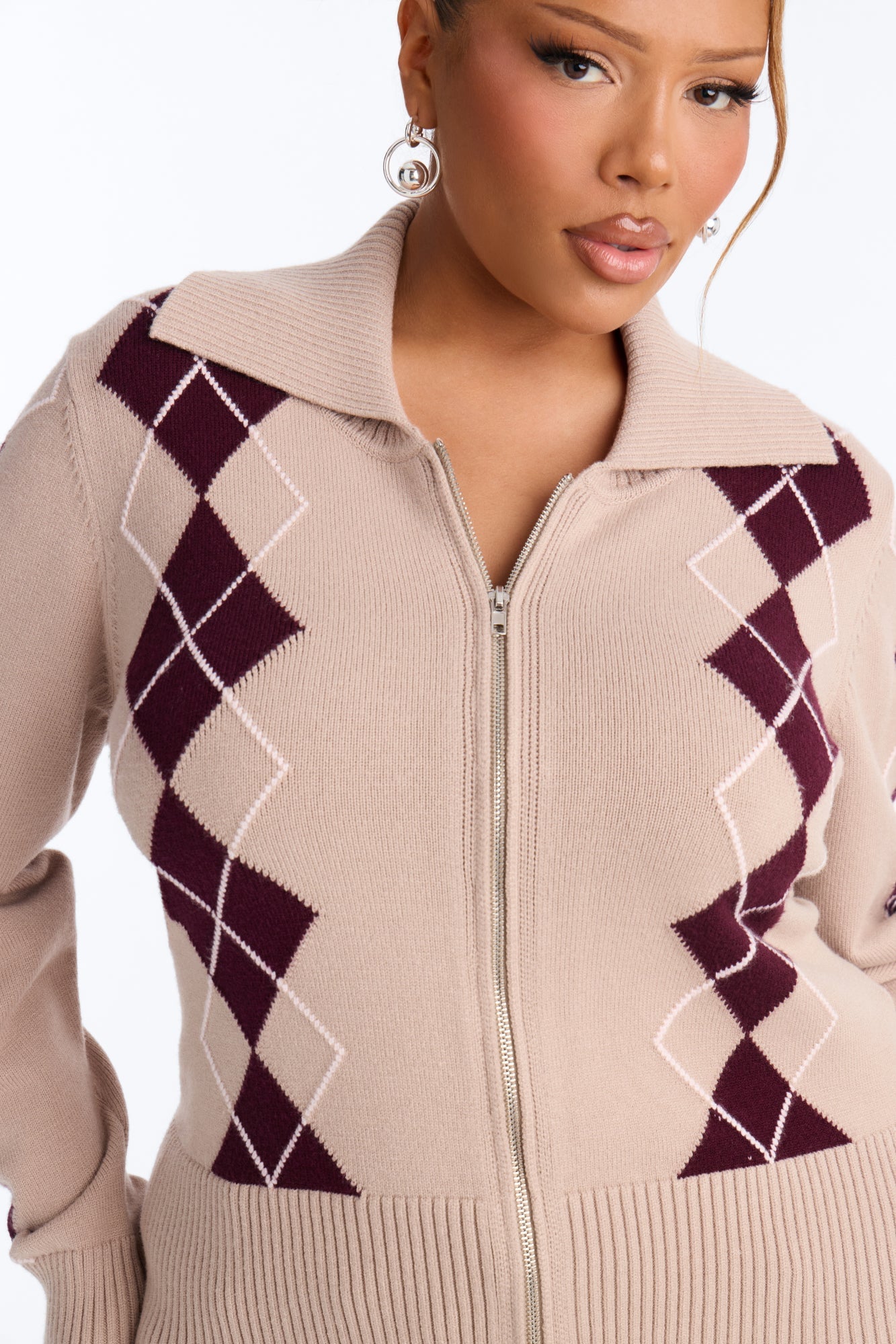 Status Update Front Zip Argyle Cardigan - Oatmeal/combo image 3