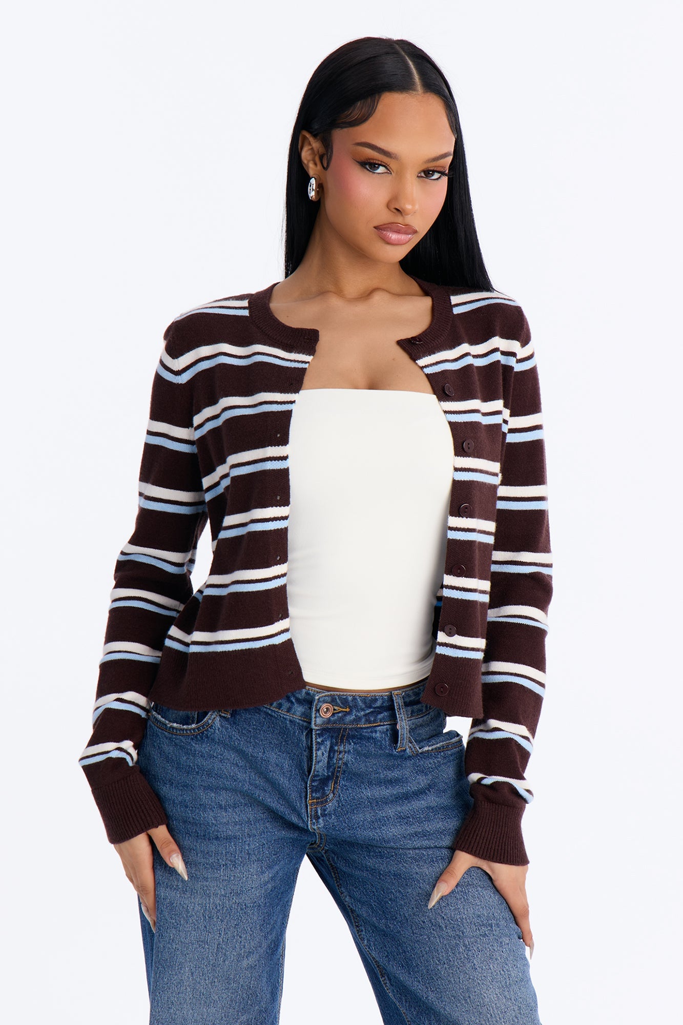 Connie Striped Boat Neck Cardigan - Chocolate/Combo image 1