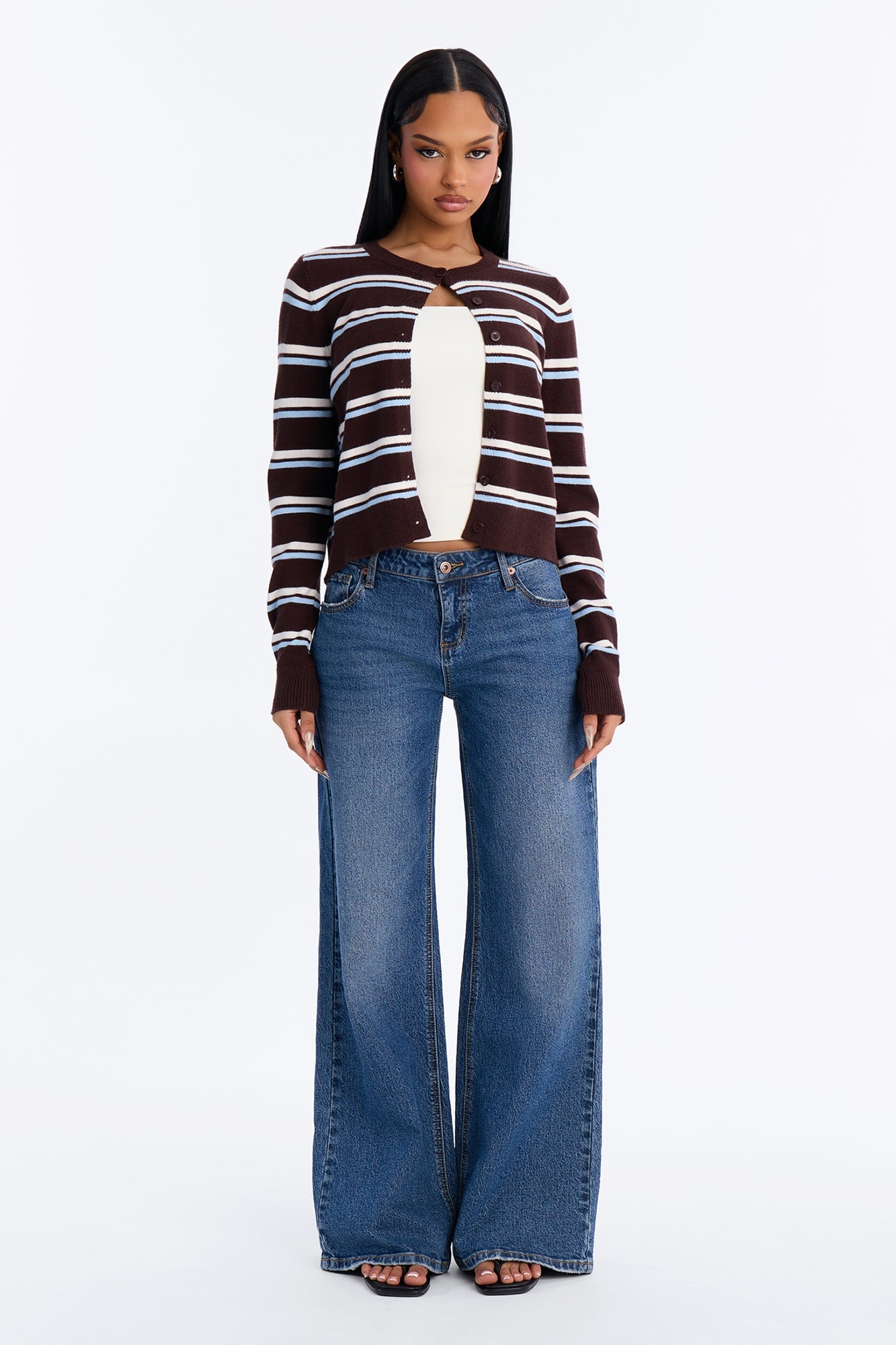 Connie Striped Boat Neck Cardigan - Chocolate/Combo image 2