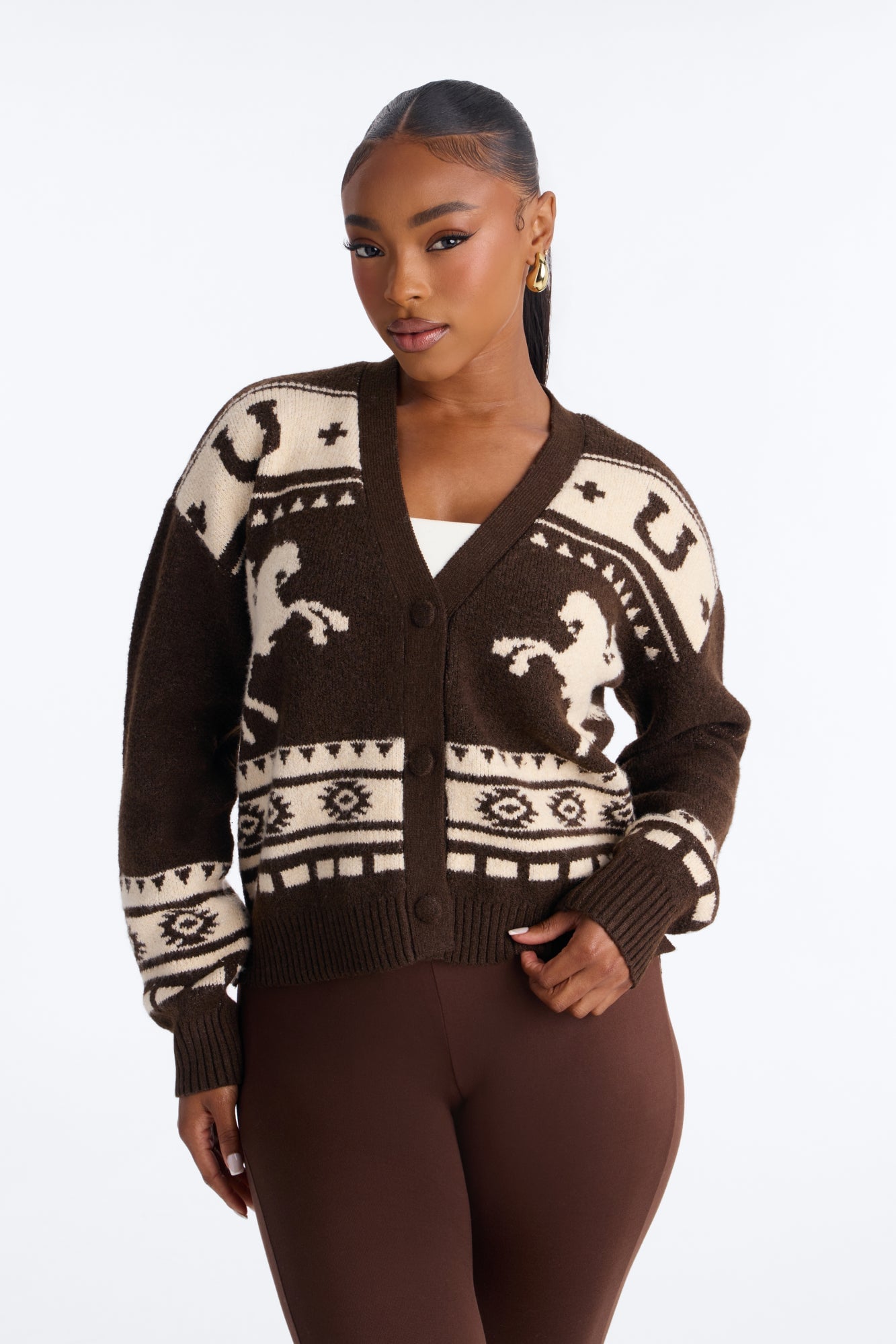 Celeste Fair Isle Long Sleeve Cardigan - Chocolate/Combo image 1
