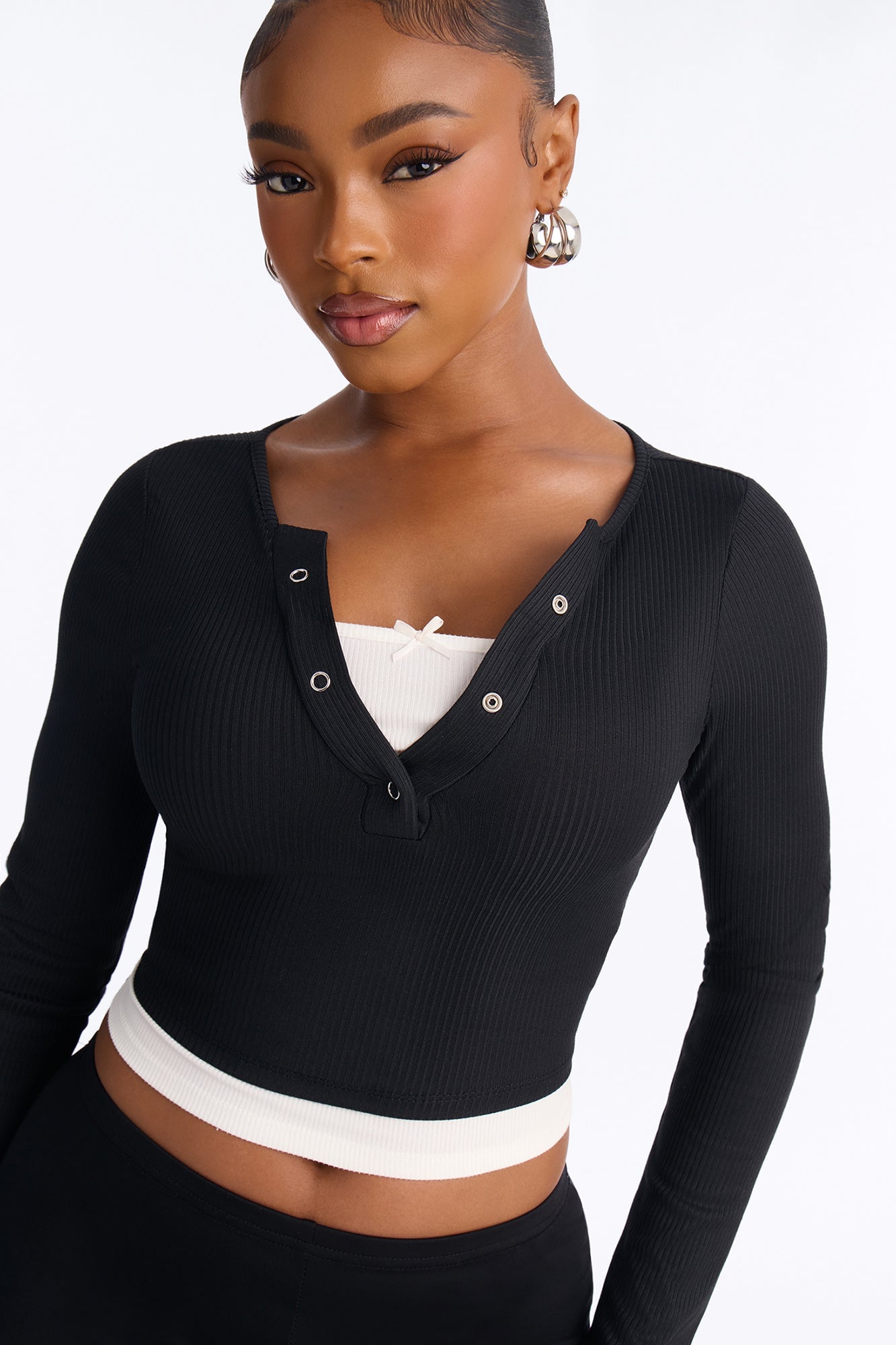 Masie Double Layered Henley Top - Black image 3