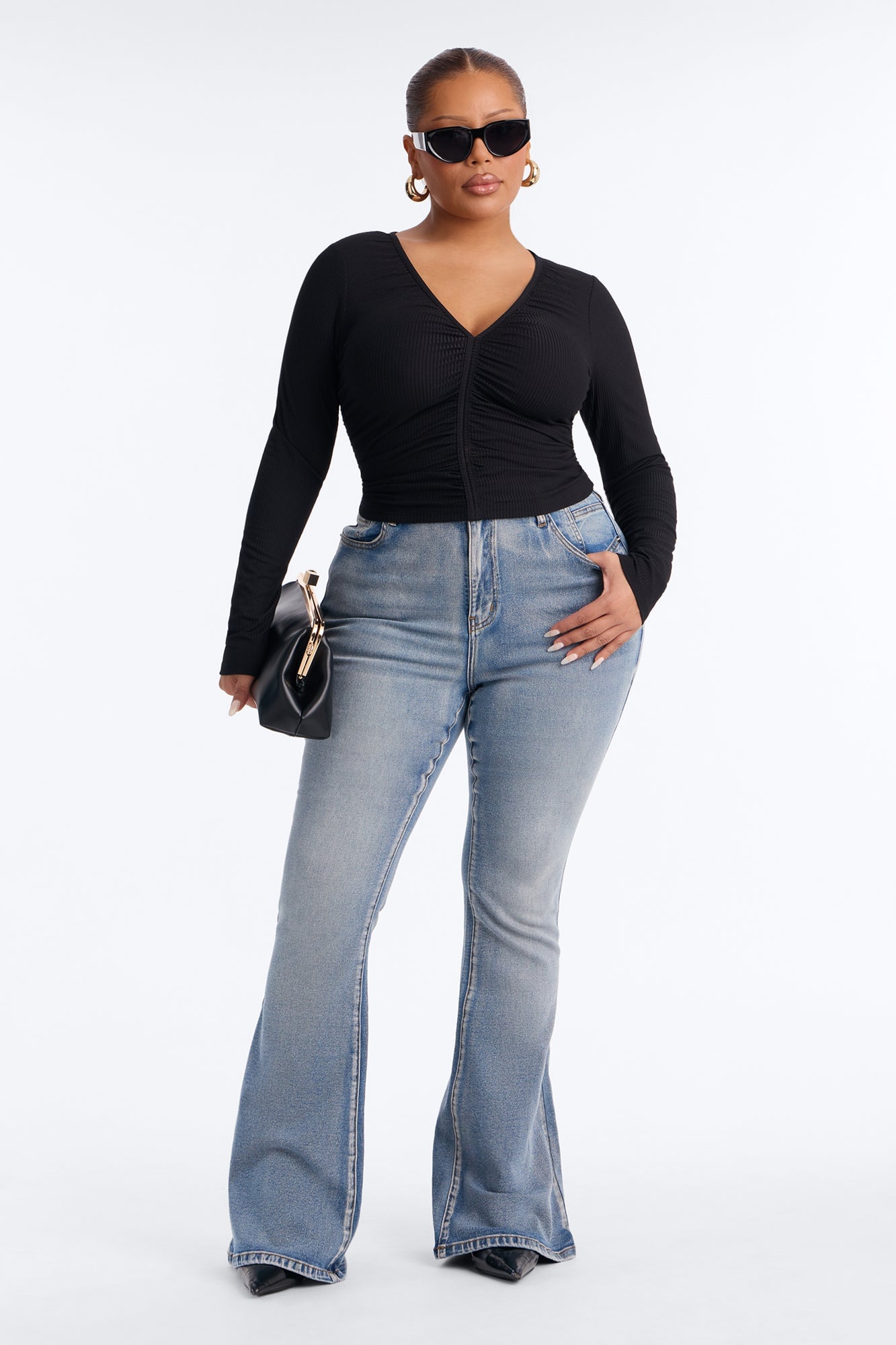 Mara Ruched Long Sleeve Top - Black image 2