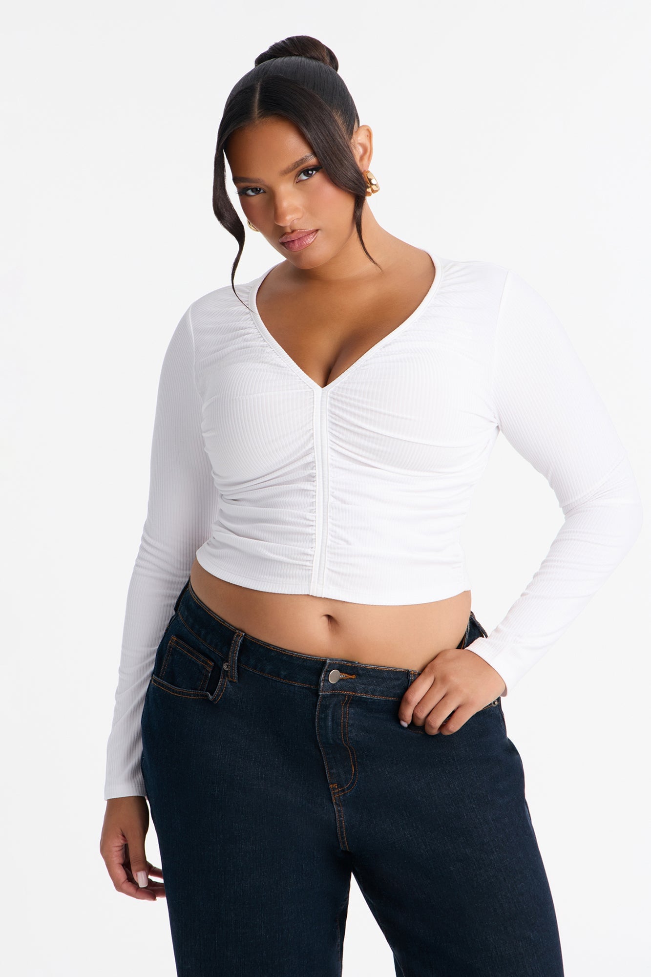 Mara Ruched Long Sleeve Top - White image 1