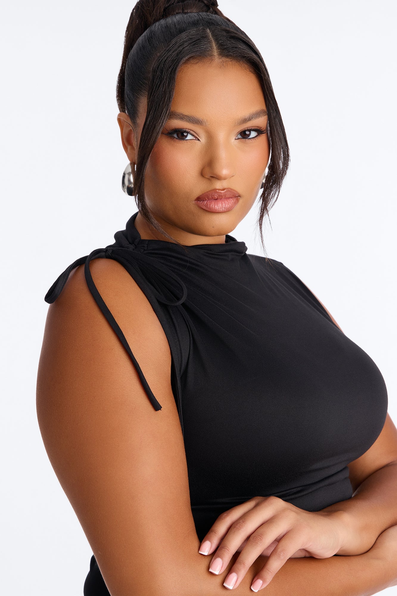 Devon Ruched Drawstring Mock Neck Top - Black image 3