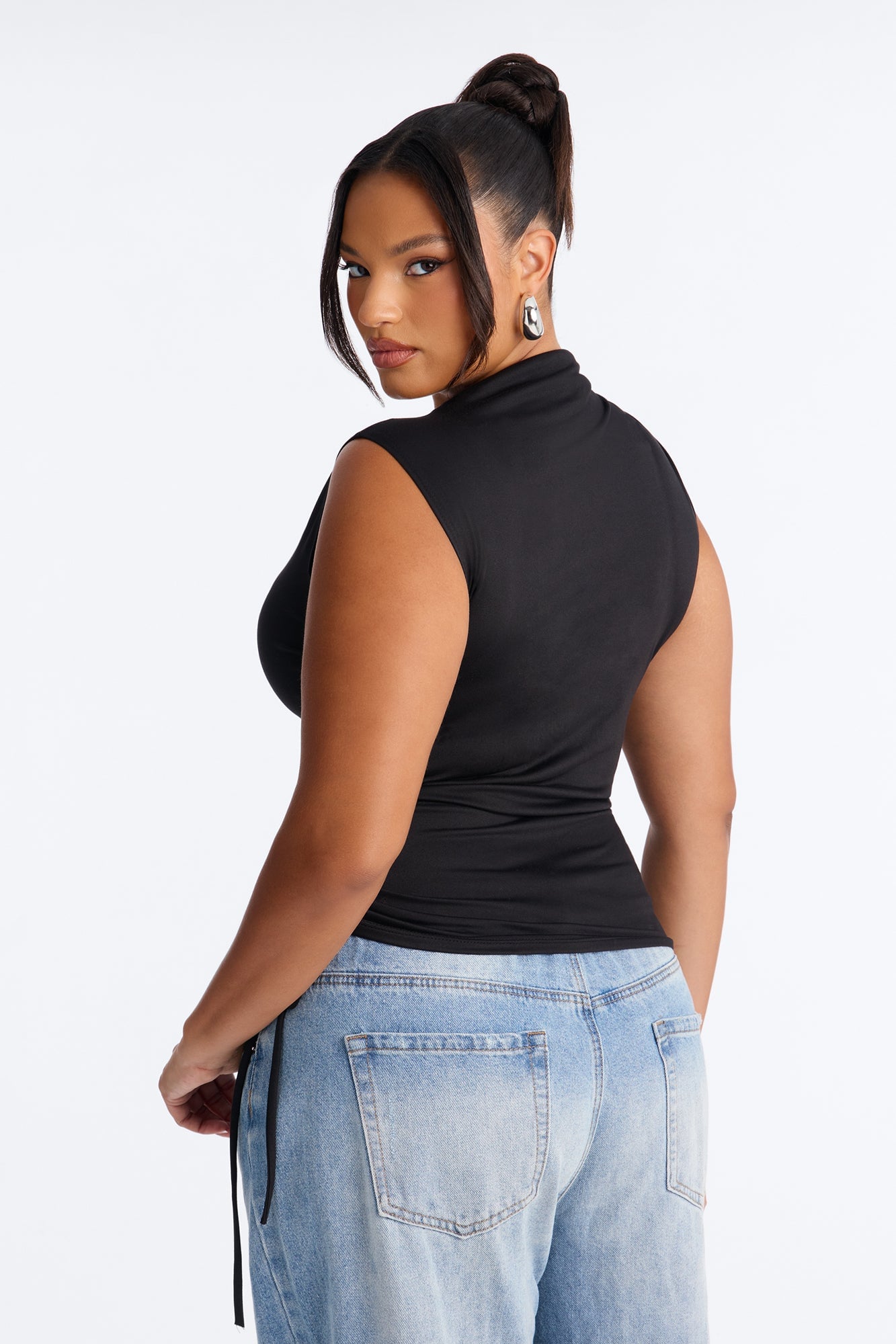 Devon Ruched Drawstring Mock Neck Top - Black image 4