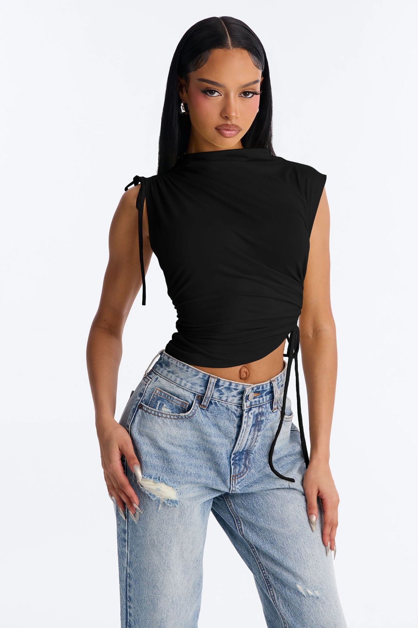 Devon Ruched Drawstring Mock Neck Top - Black image 5