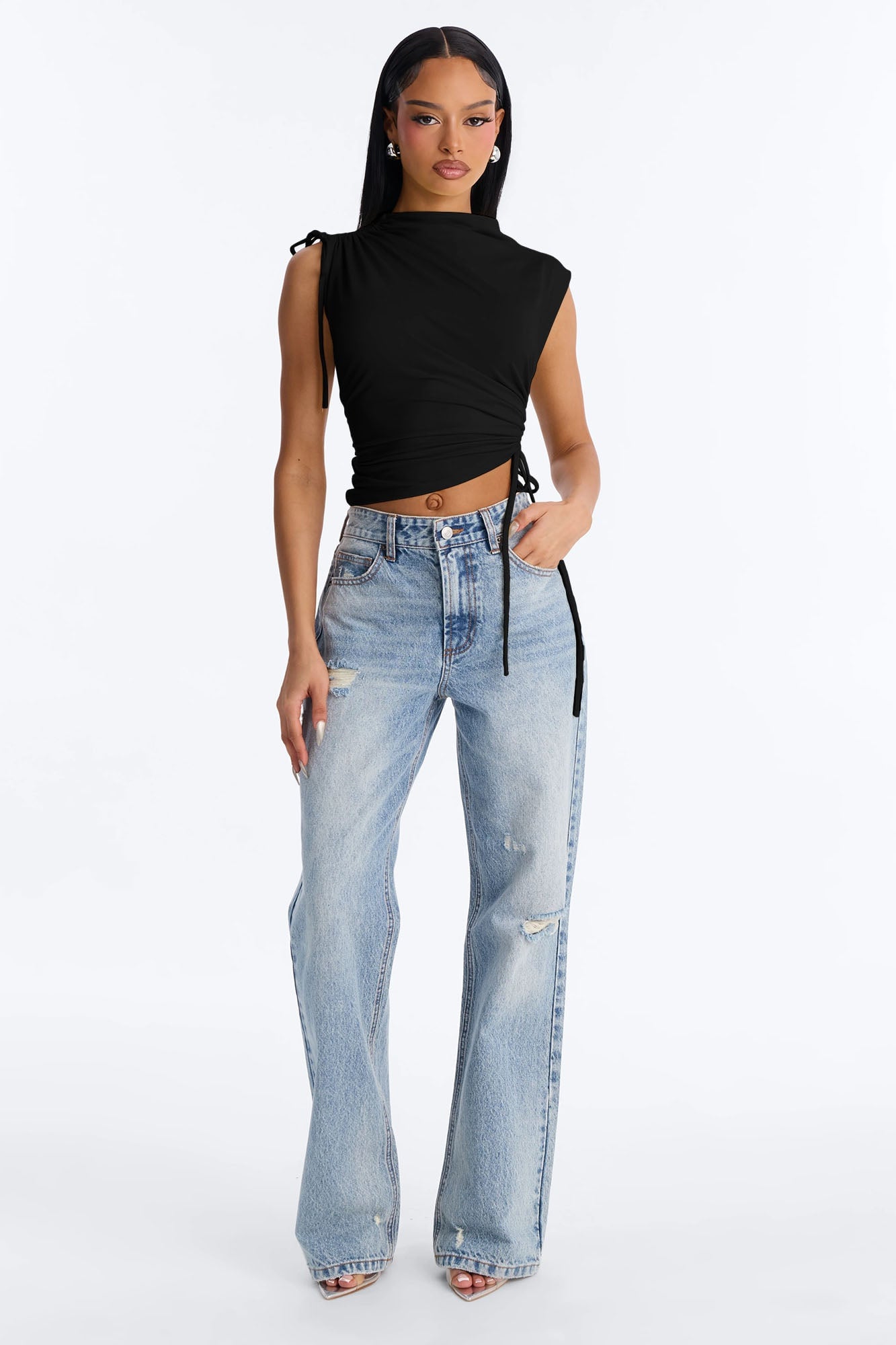 Devon Ruched Drawstring Mock Neck Top - Black image 6