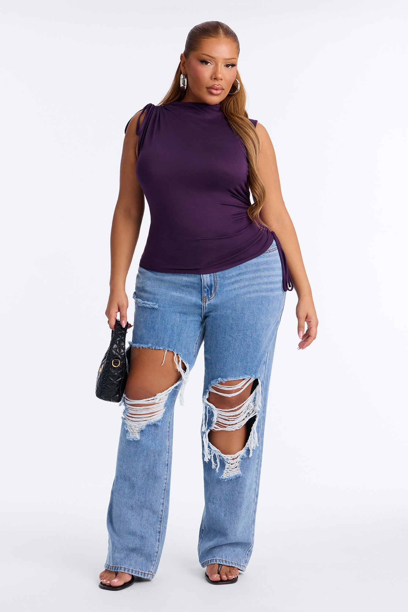 Devon Ruched Drawstring Mock Neck Top - Plum image 2