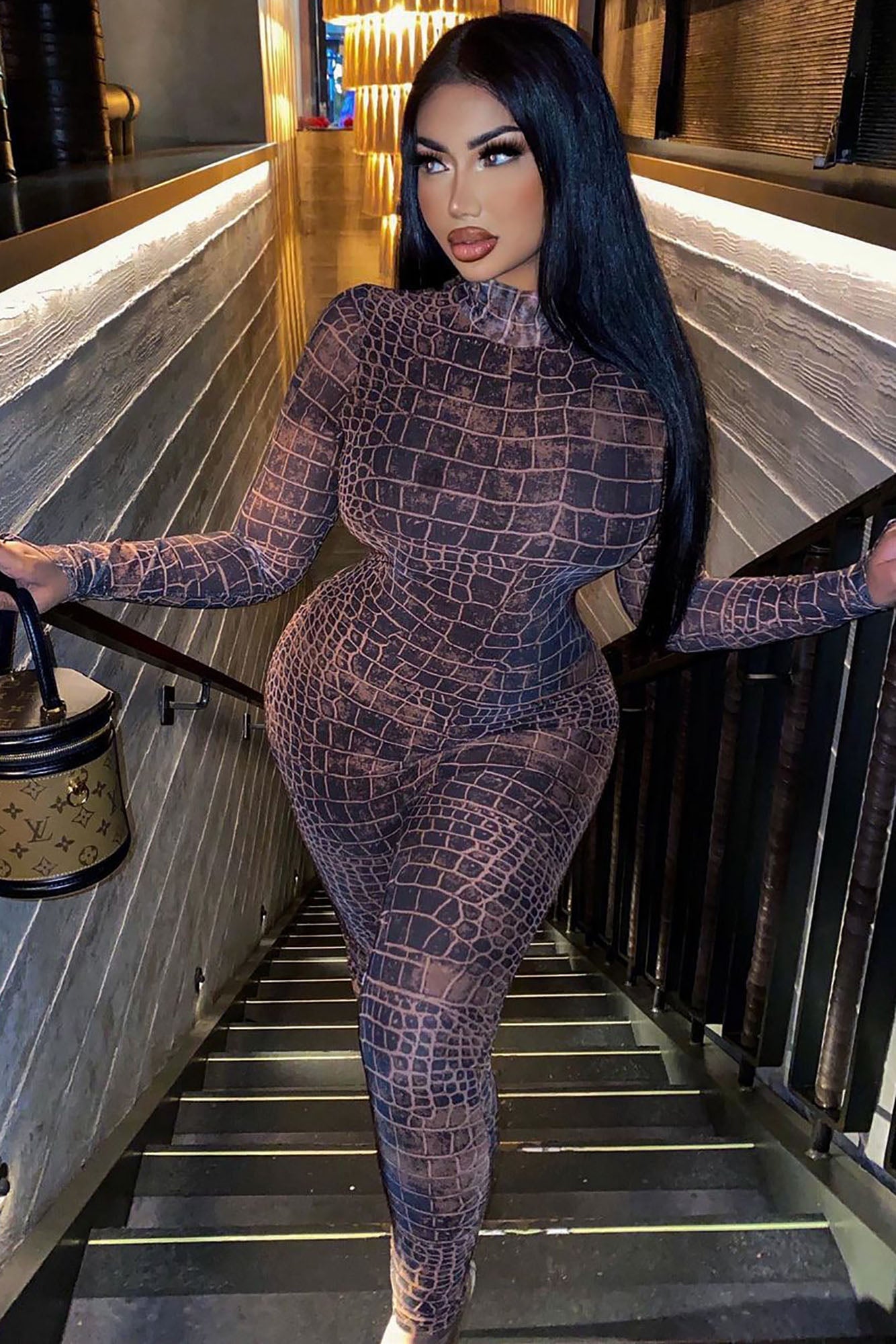 Sexy In Snake Mesh Jumpsuit - Brown image 5