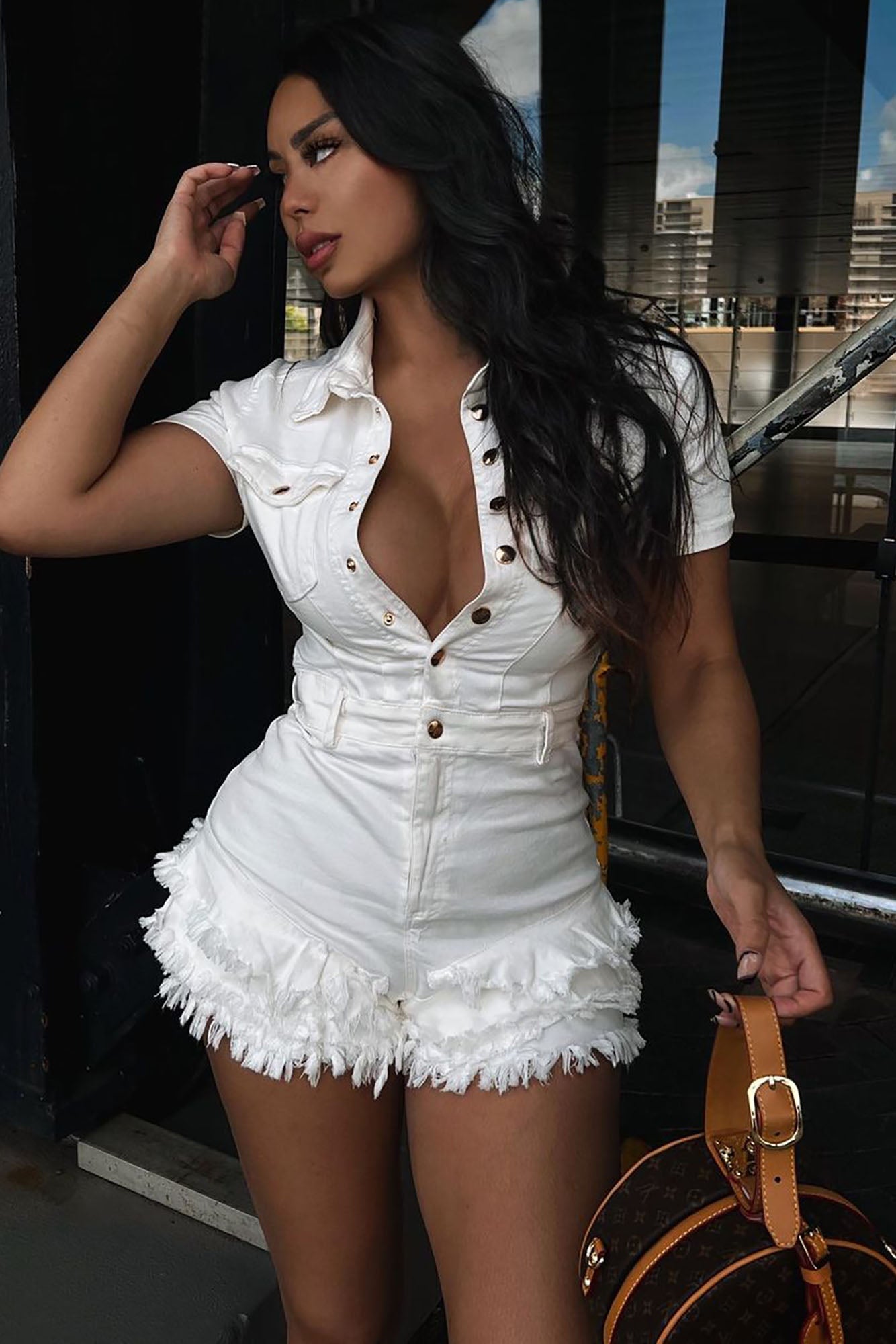 Sweet Bliss Denim Romper - White image 4