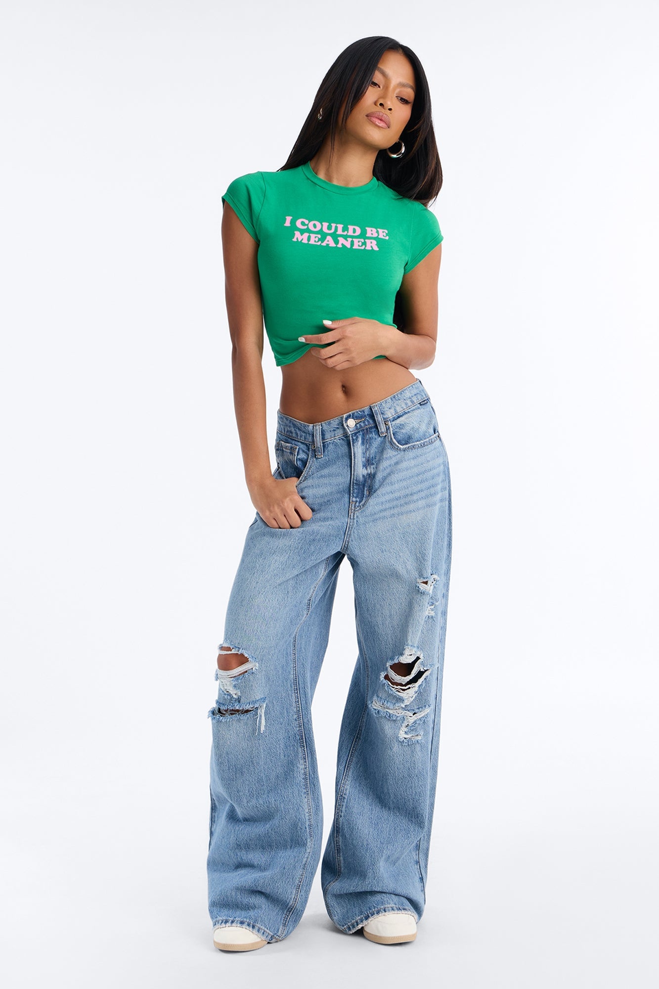 I Could Be Meaner Cropped Baby Tee - Green/combo image 6